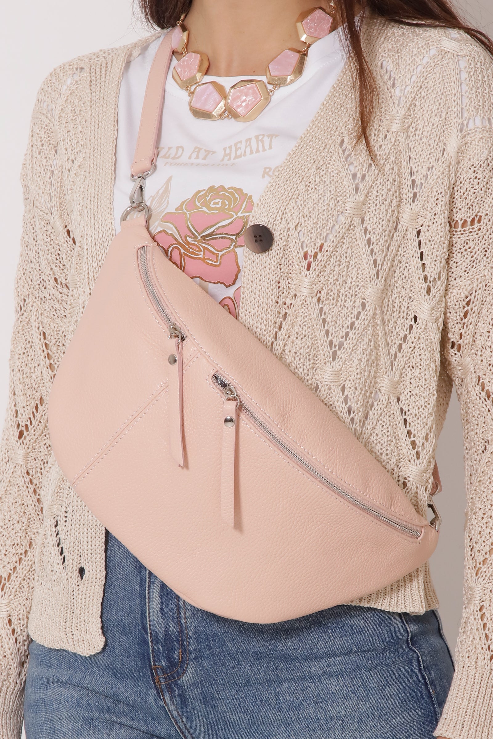 Marsupio In Pelle 2 Zip Rosa Chiaro
