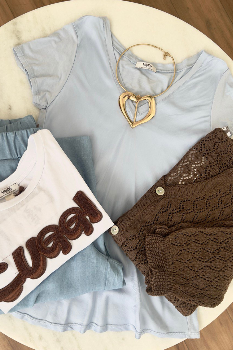 Blusa Mezza Manica Seta E Viscosa Azzurro