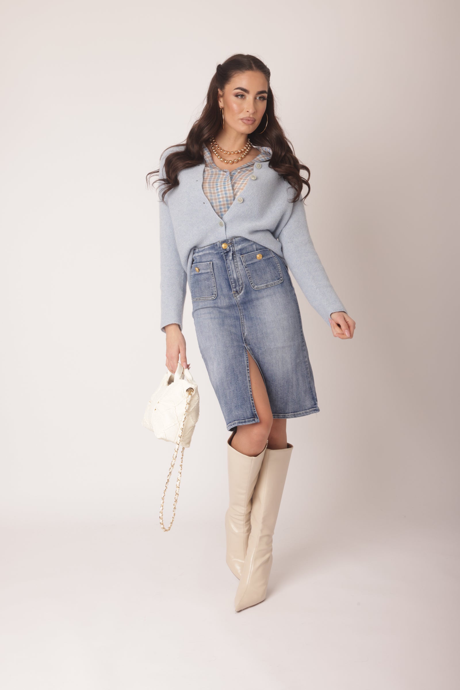 Gonna Bottoni Oro Denim Chiaro