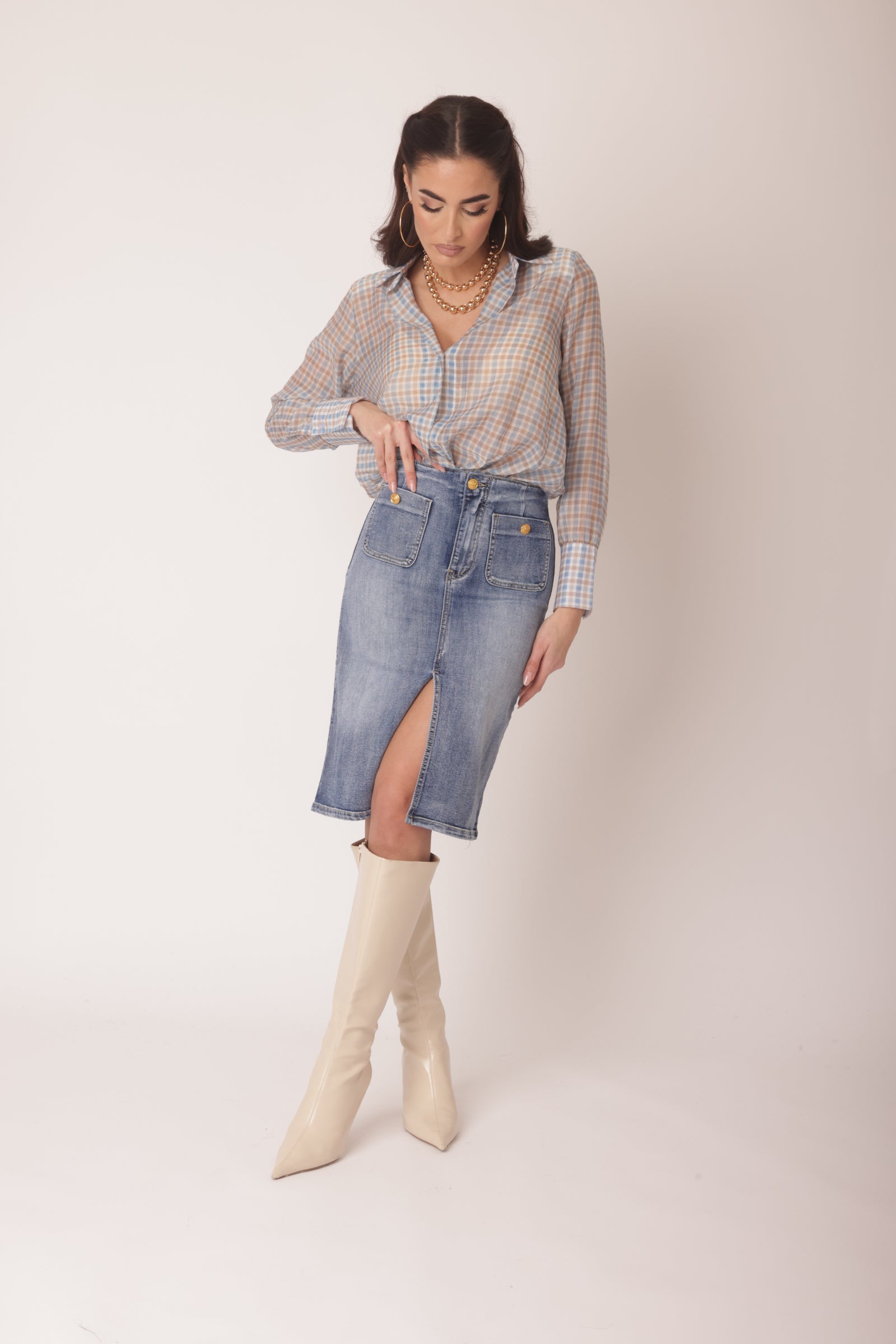 Gonna Bottoni Oro Denim Chiaro