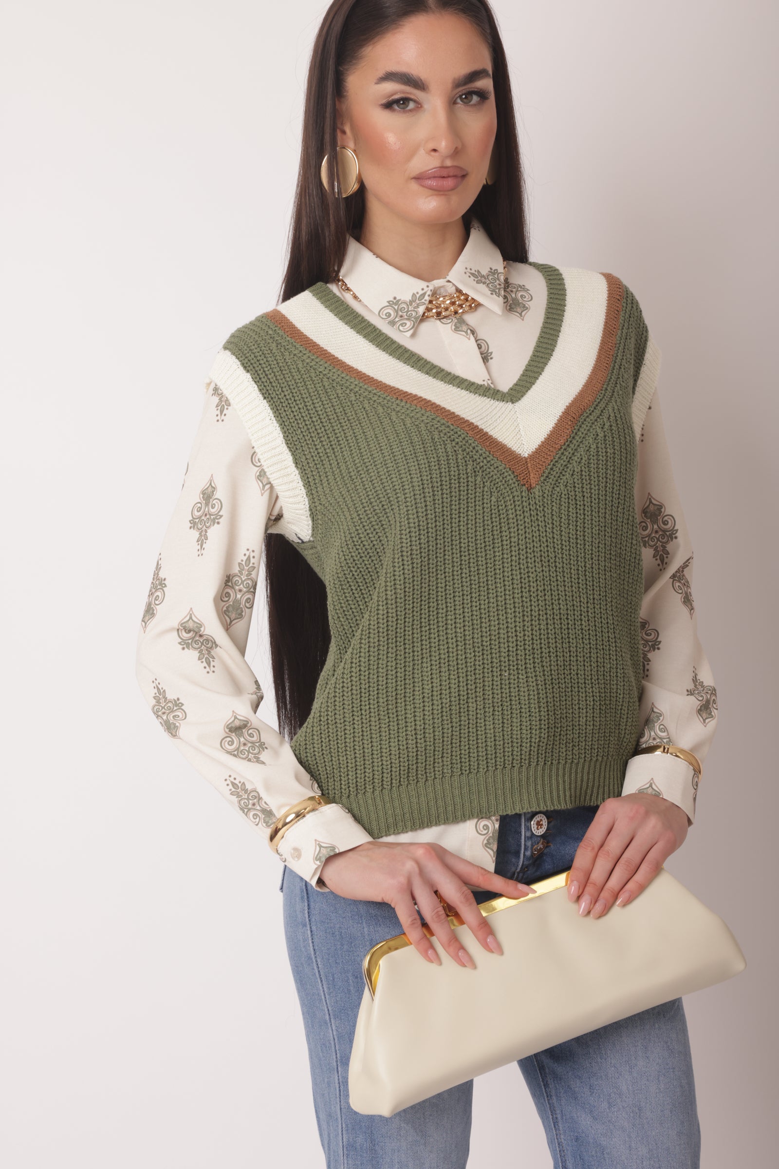 Gilet Scollo V Oxford Verde Militare