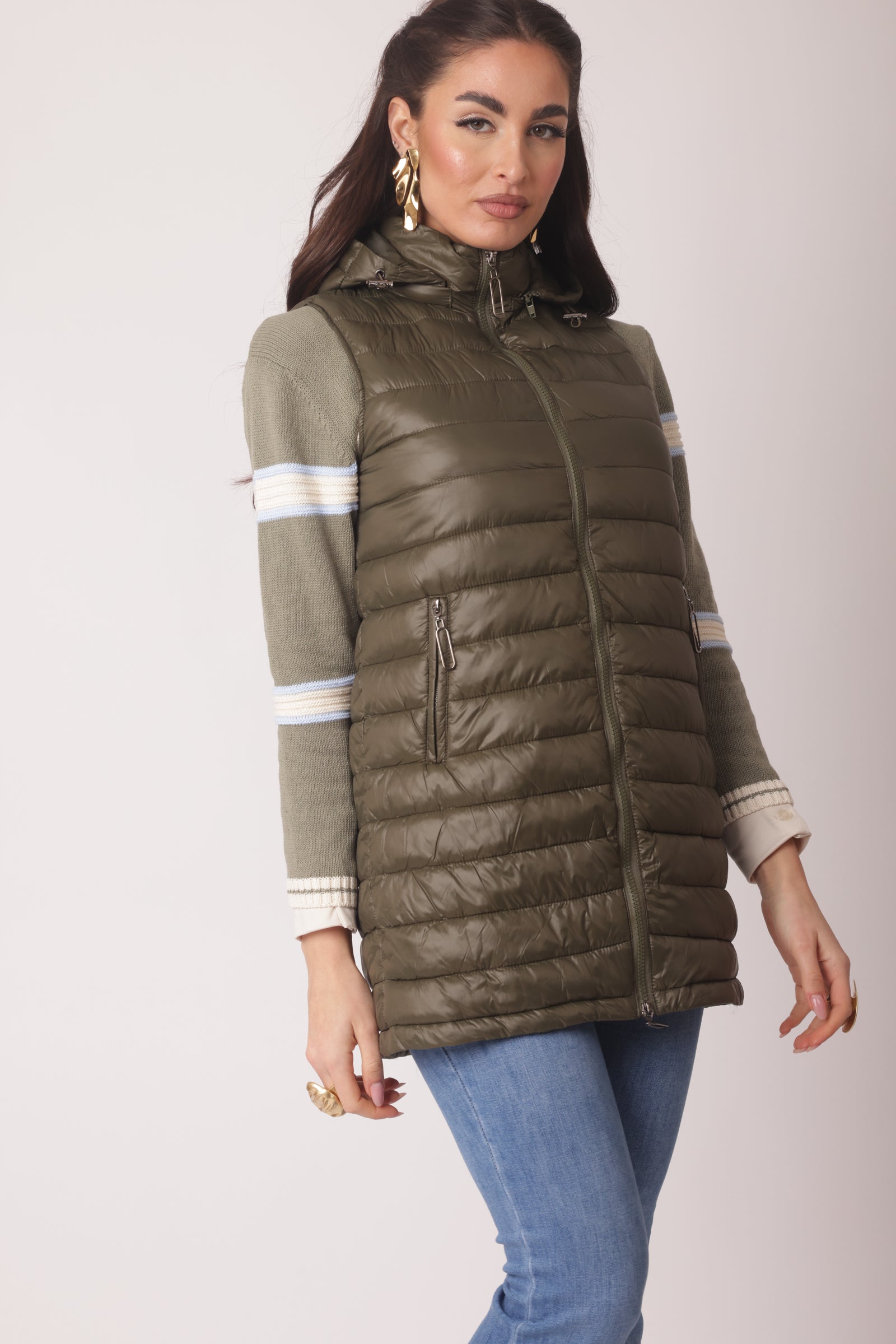 Piumino Smanicato Lungo Verde Militare