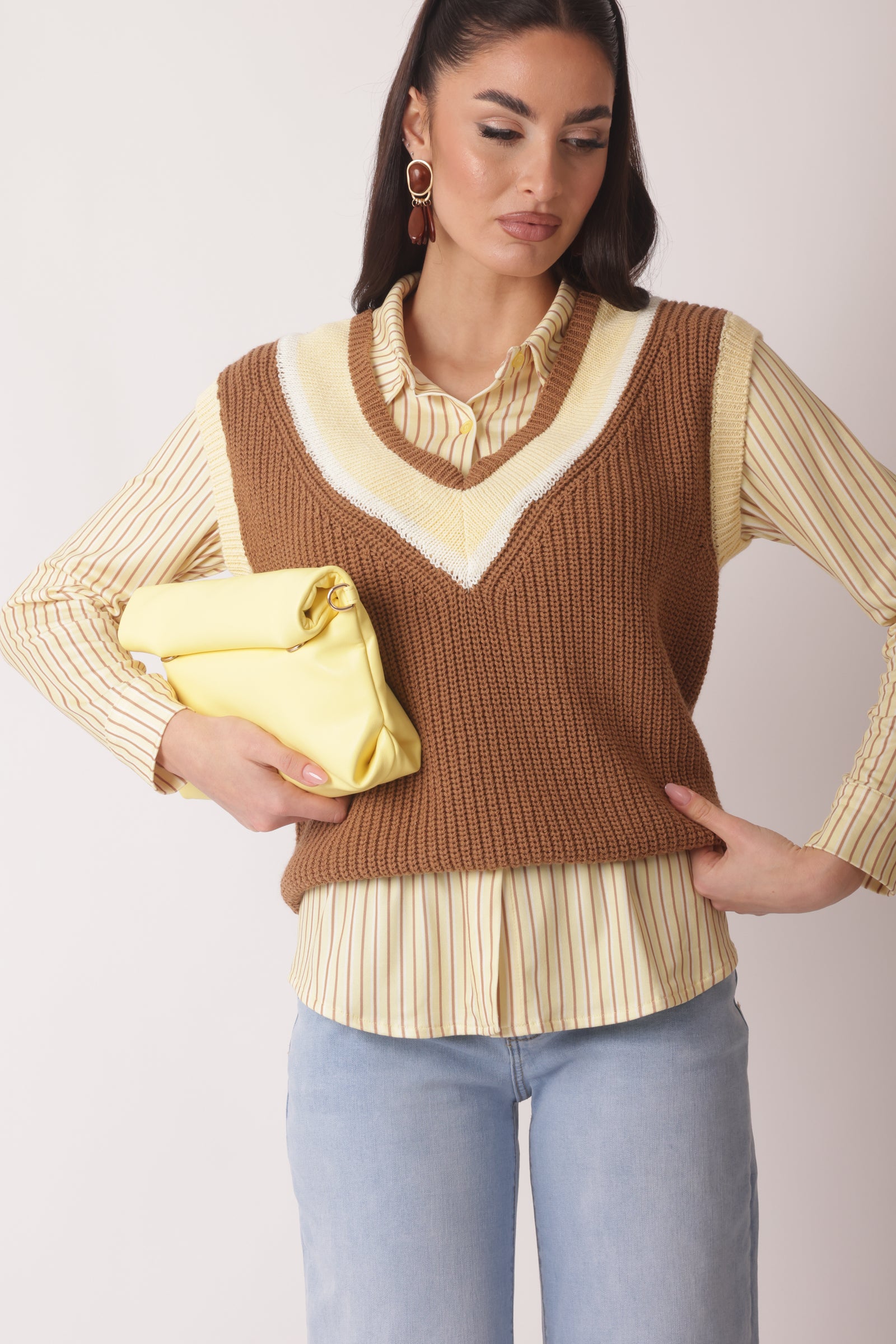 Gilet Scollo V Oxford Tabacco