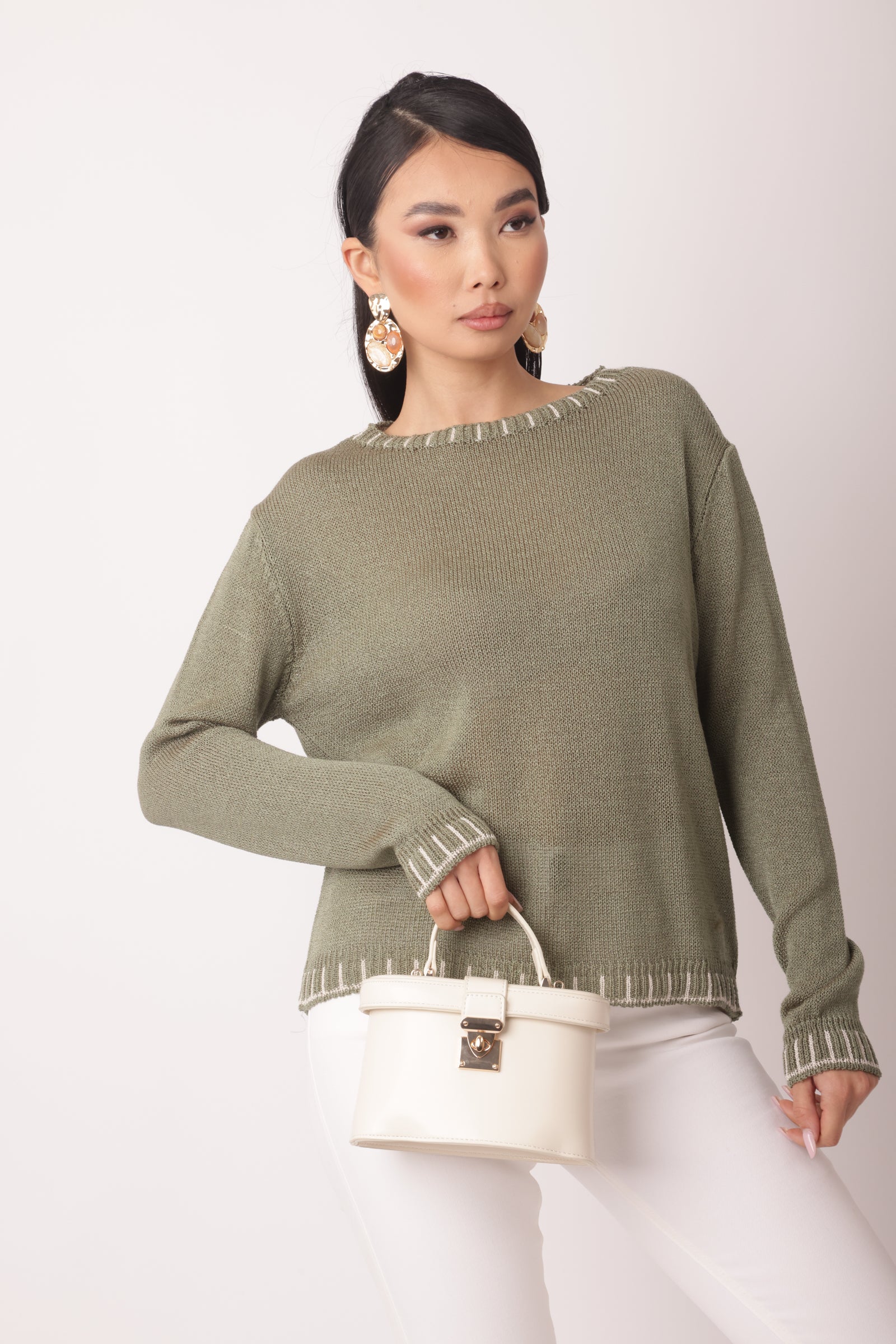 Pull Con Impunture Verde Salvia