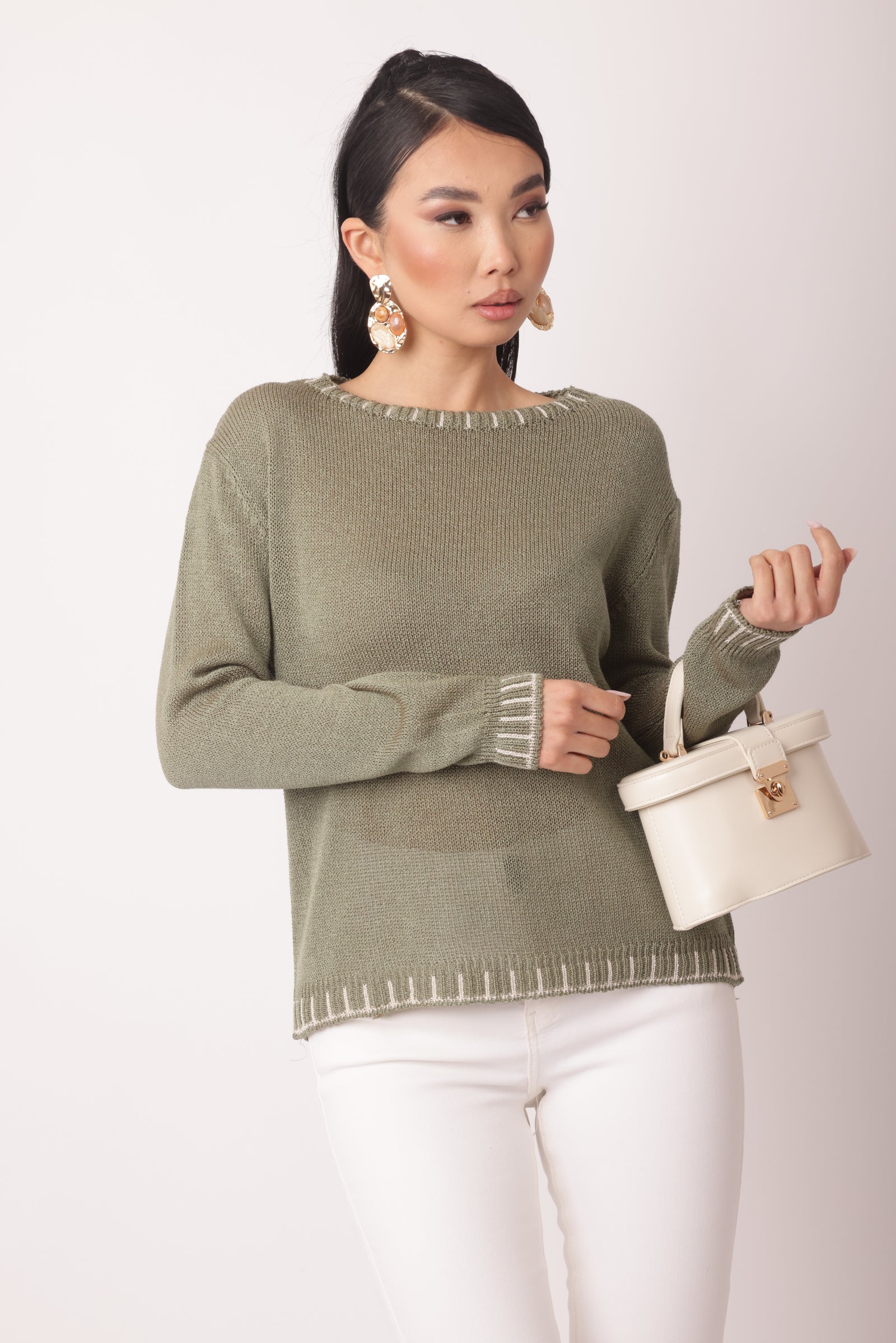 Pull Con Impunture Verde Salvia