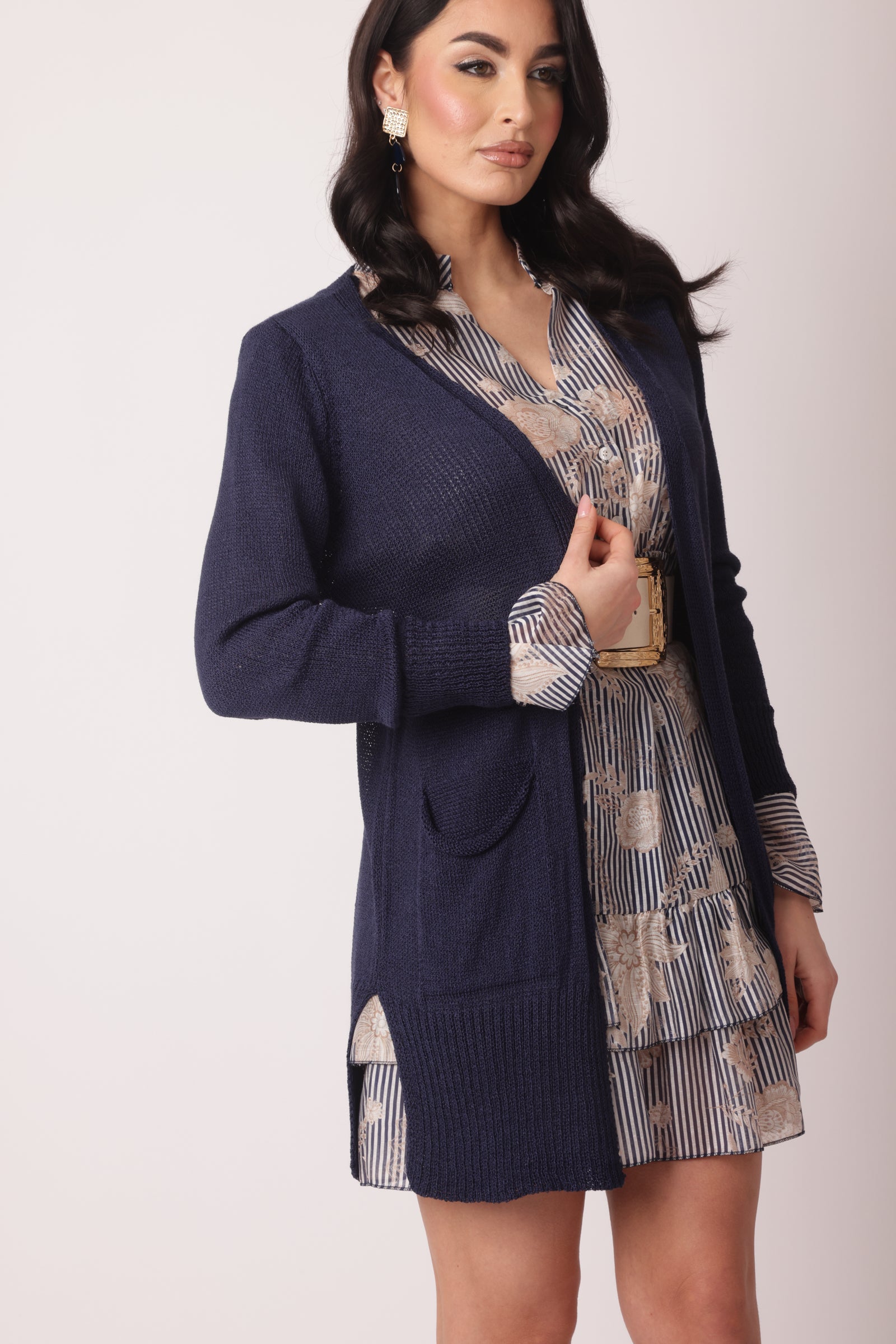 Cardigan Lungo Con Tasche Blu