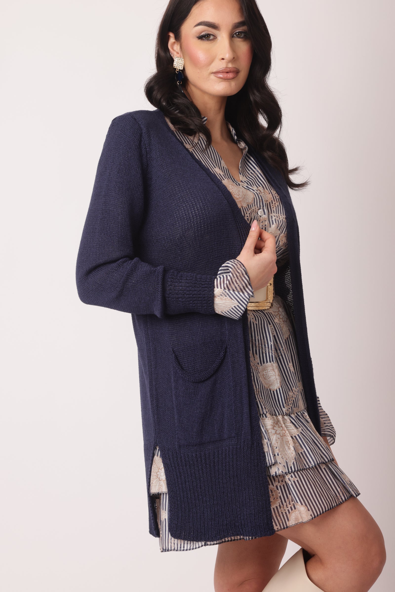Cardigan Lungo Con Tasche Blu