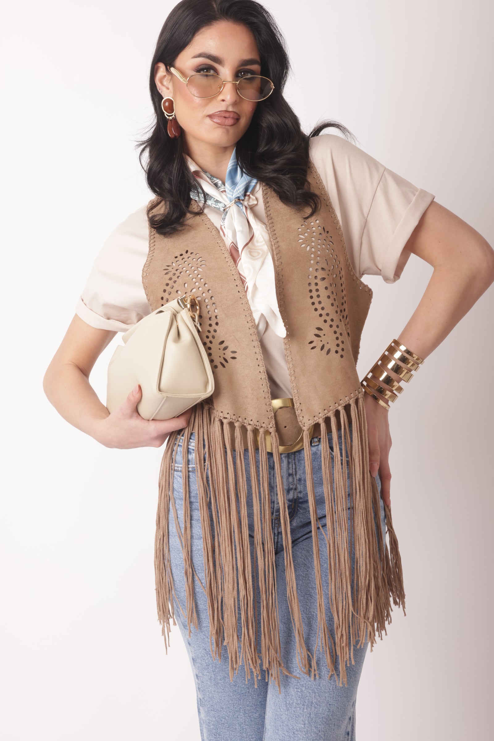 Gilet con Frange Tabacco