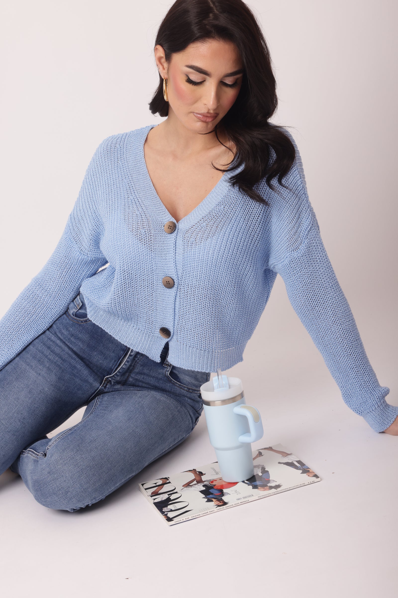 Cardigan 3 Bottoni Celeste