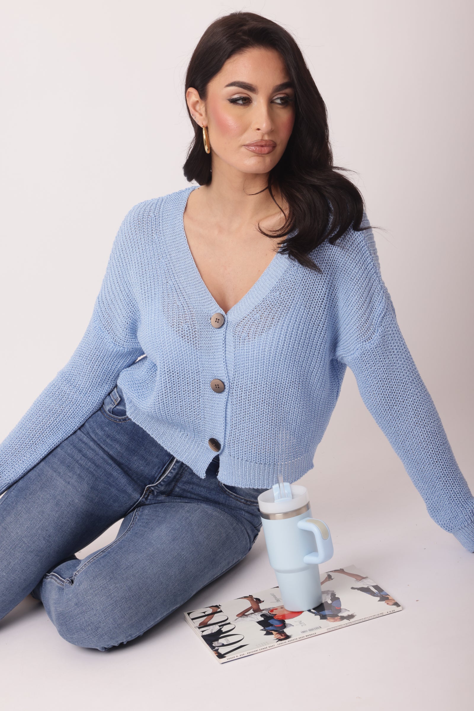 Cardigan 3 Bottoni Celeste