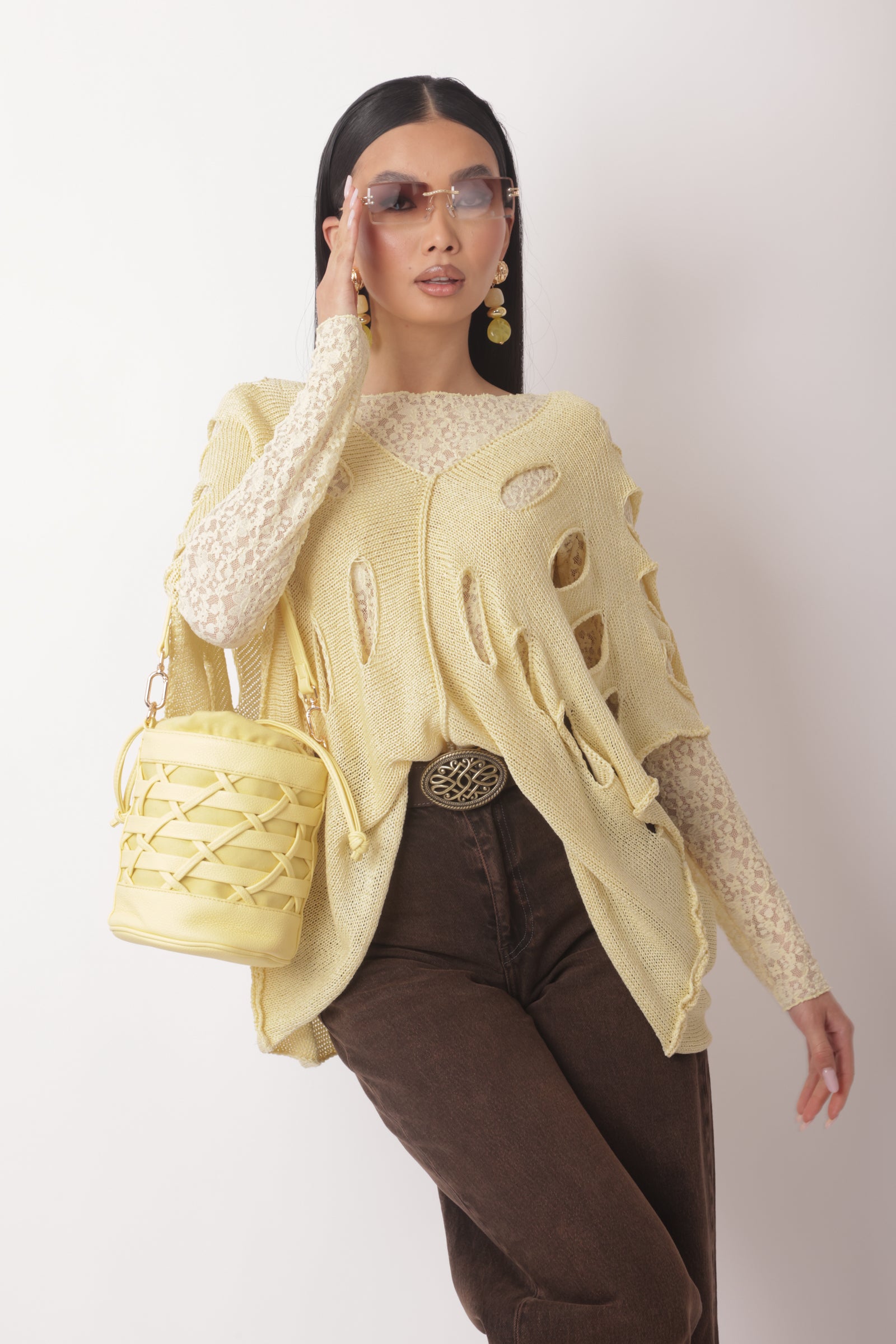 Maglia Filo Scollo V Cut Out Giallo