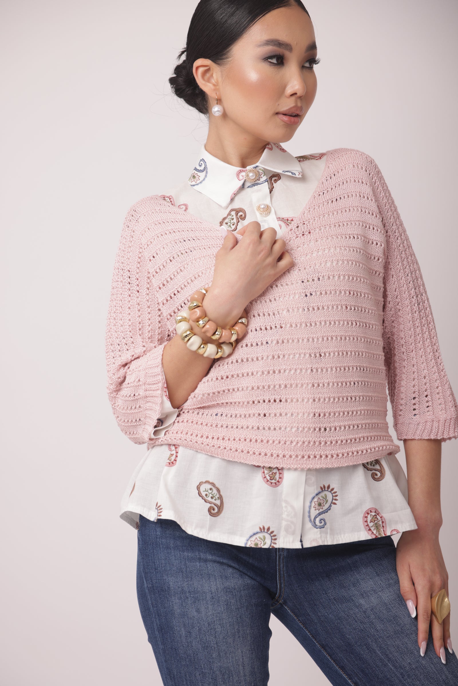 Maglia Traforata Scollo V rosa|Colore:Rosa