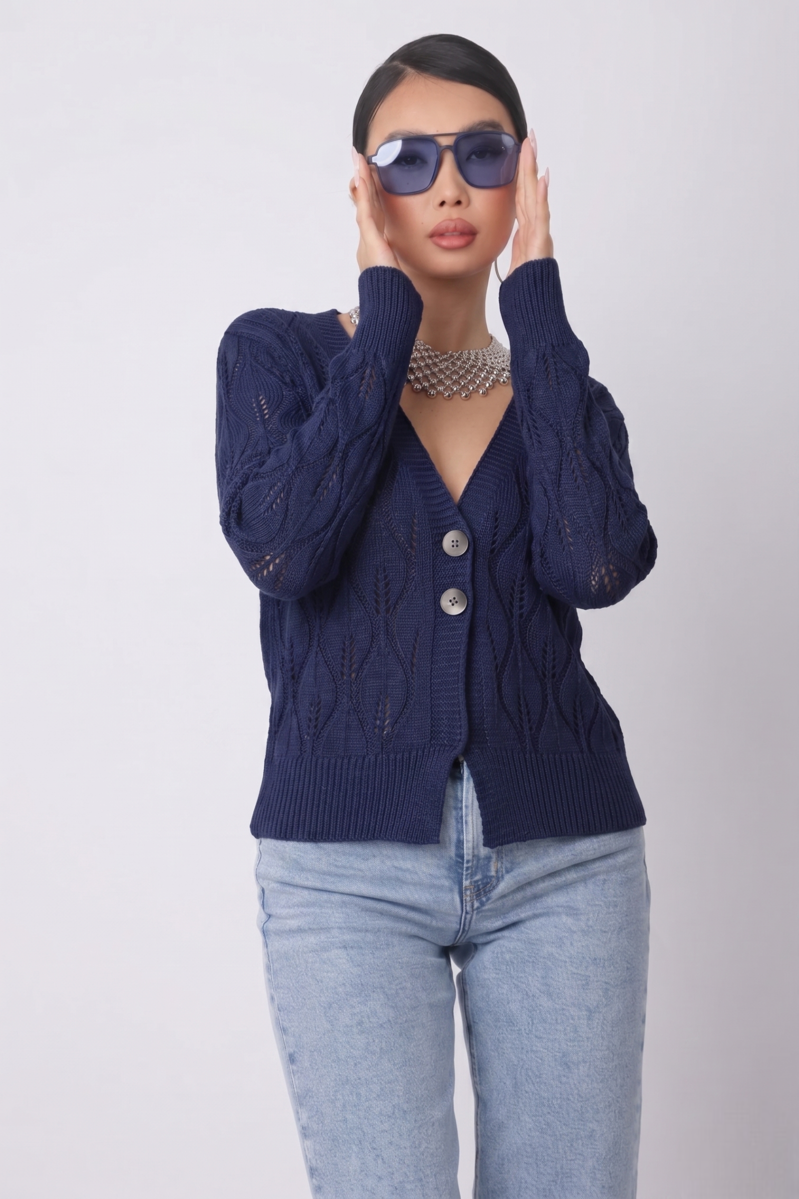 Cardigan Foglie blu|Colore:Blu