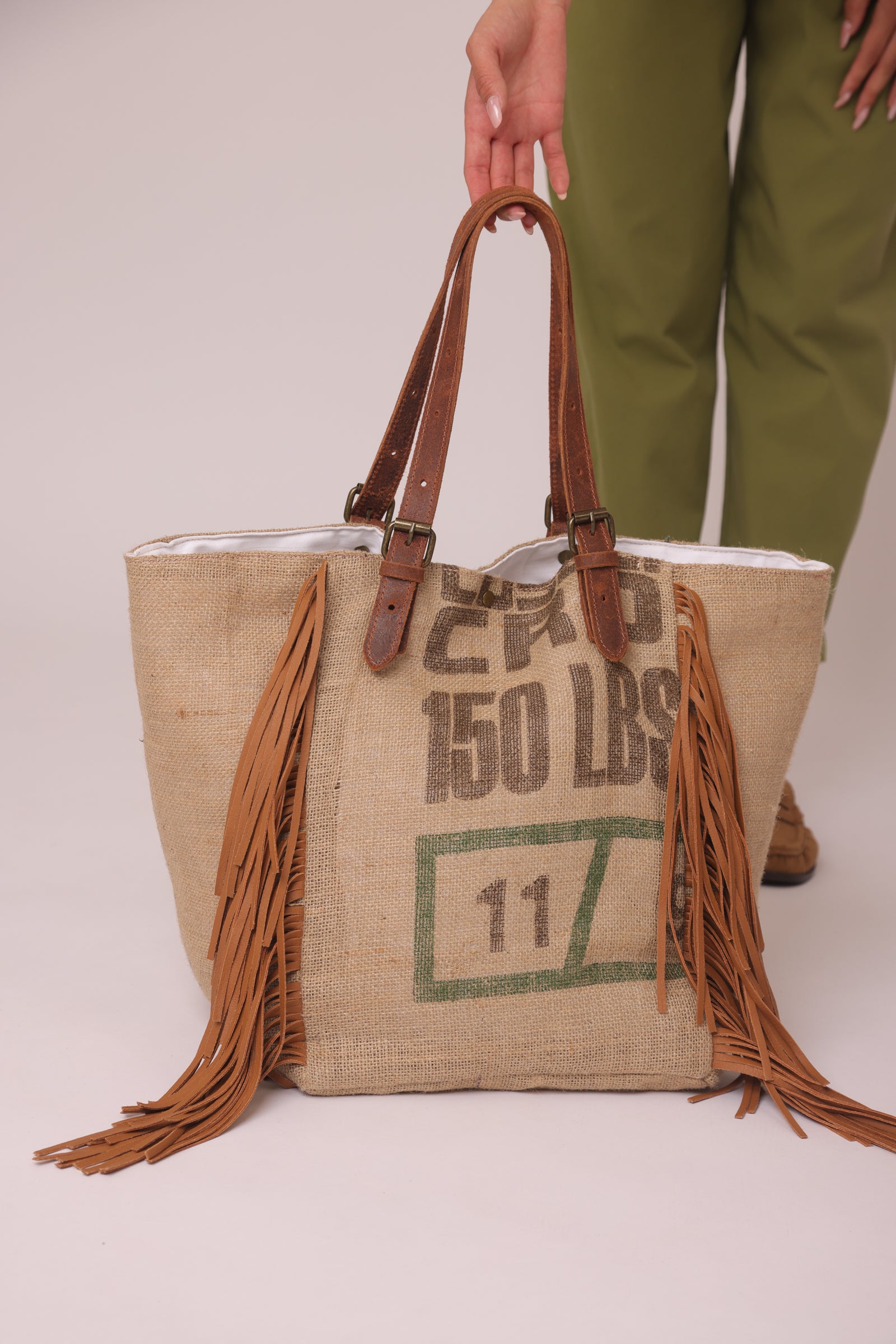 Borsa In Juta Con Frange beige scuro|Colore:Beige scuro