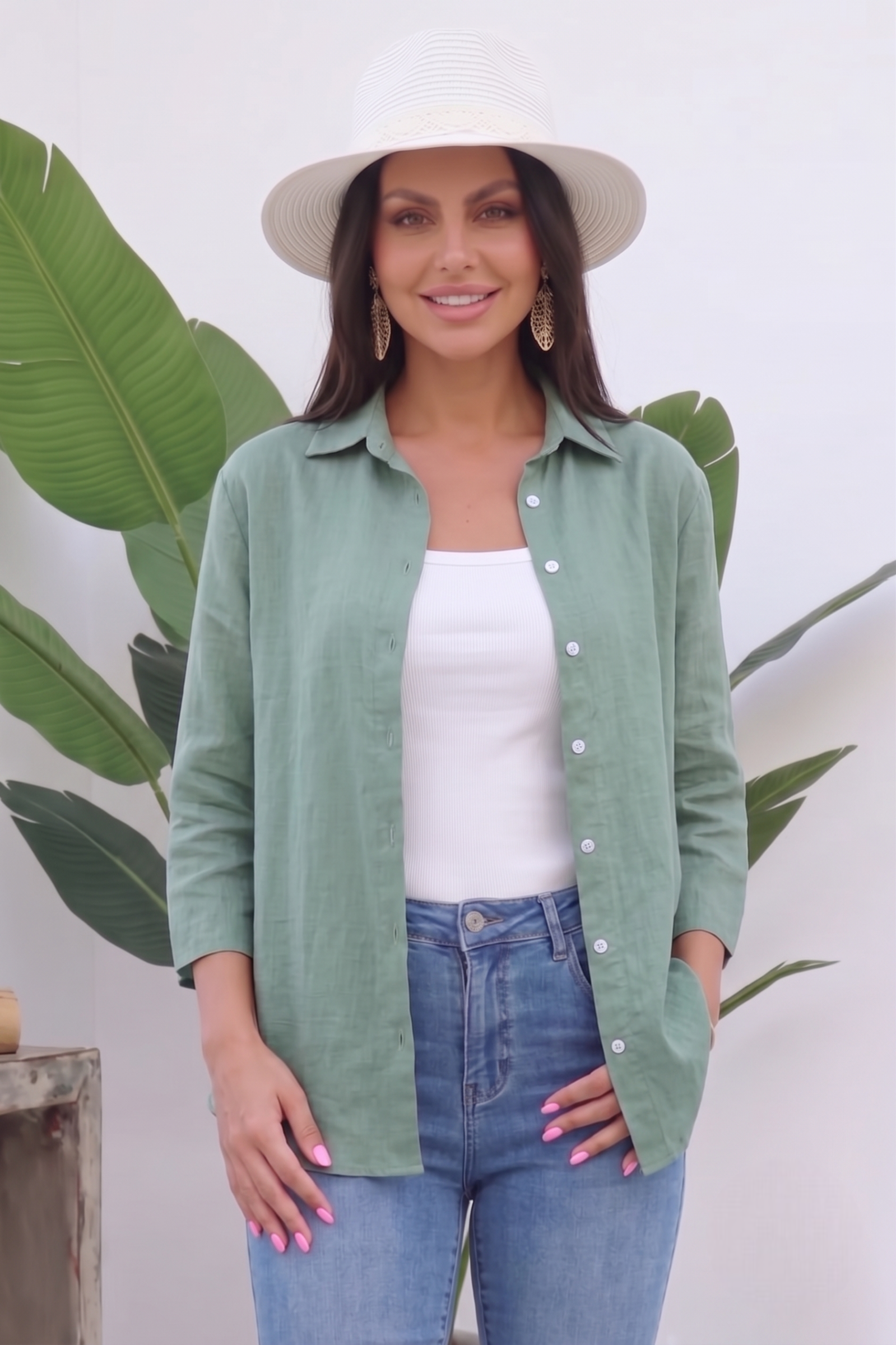 Camicia In Lino verde|Colore:Verde