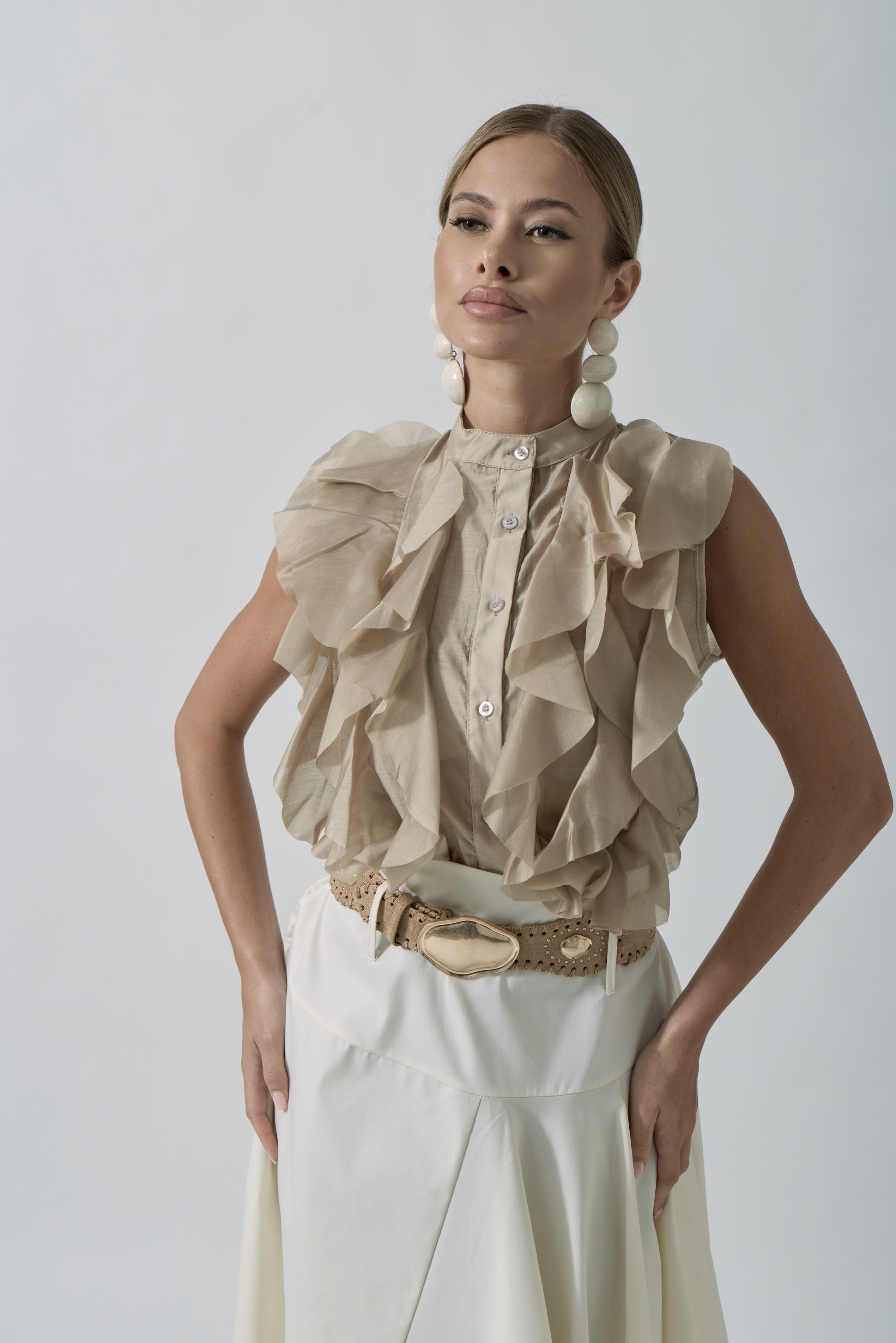 Camicia Rouches Beige scuro|Colore:Beige scuro