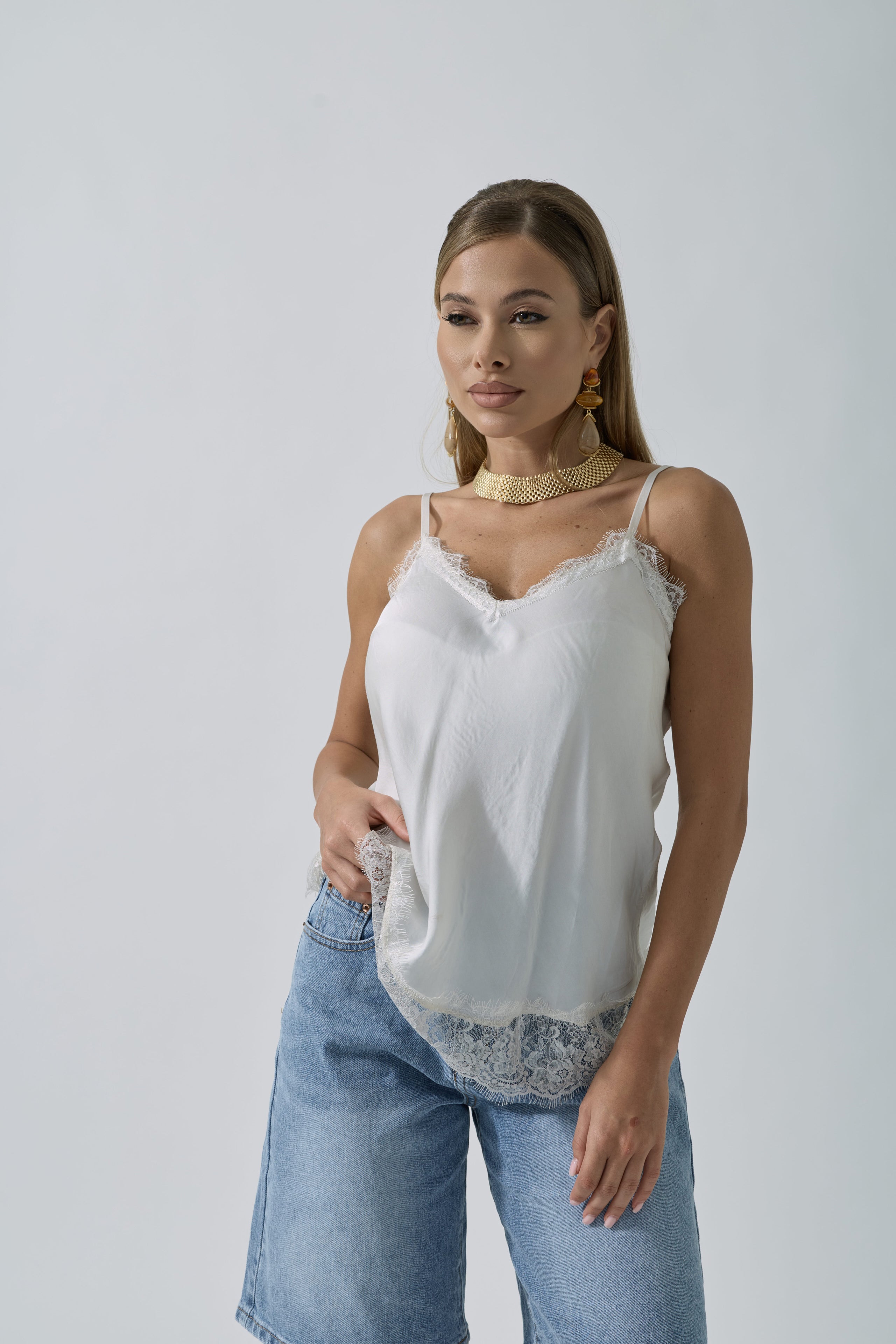 Canotta Pizzo Karen bianco|Colore:Bianco