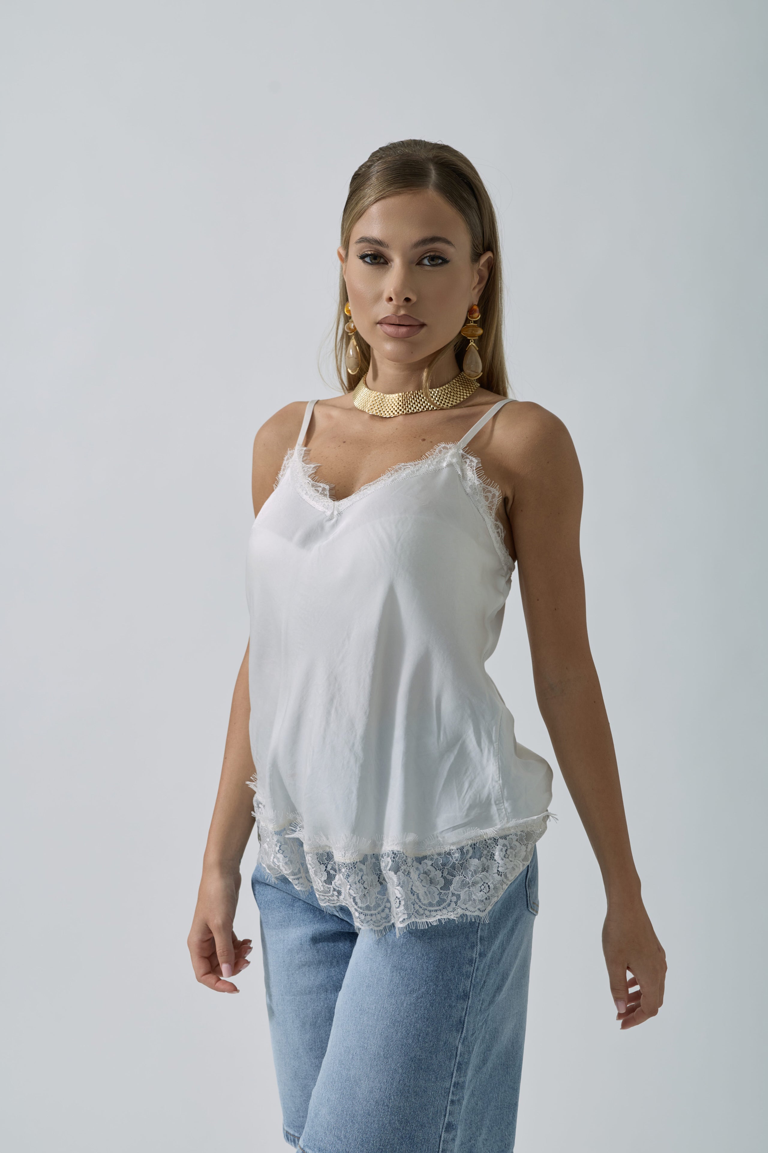 Canotta Pizzo Karen bianco|Colore:Bianco