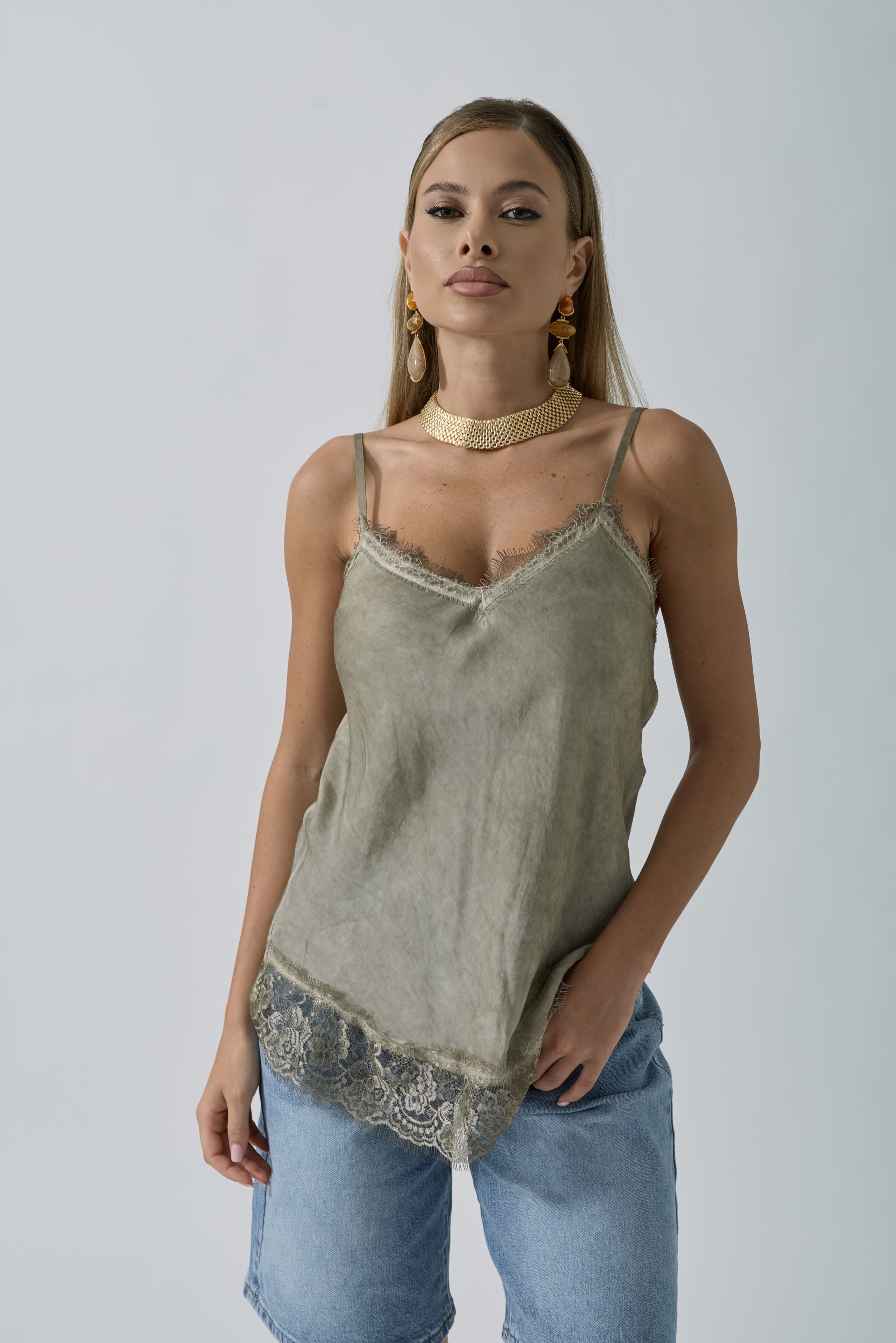 Canotta Pizzo Karen fango|Colore:Fango
