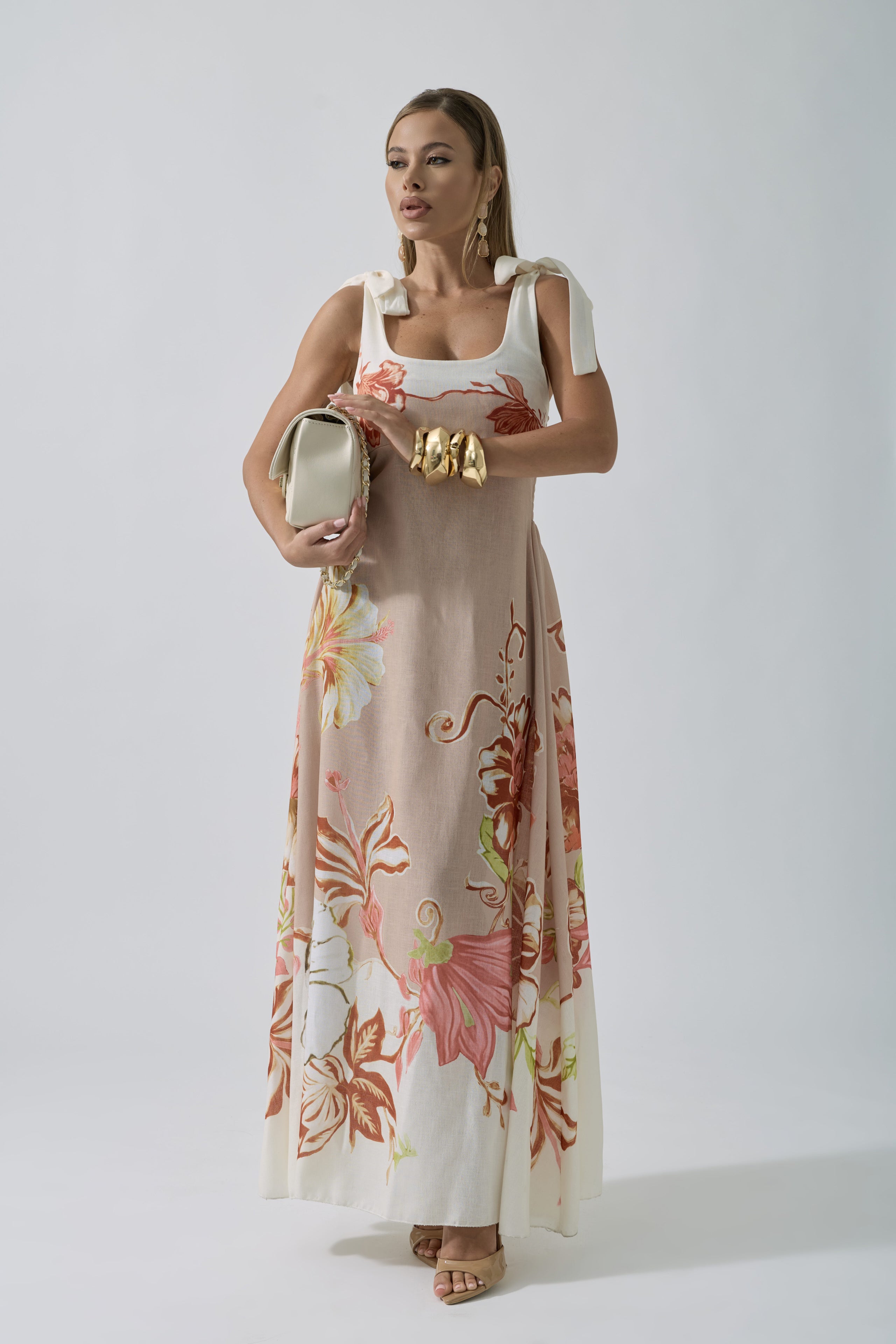 Abito Lungo Flores beige|Colore:Beige