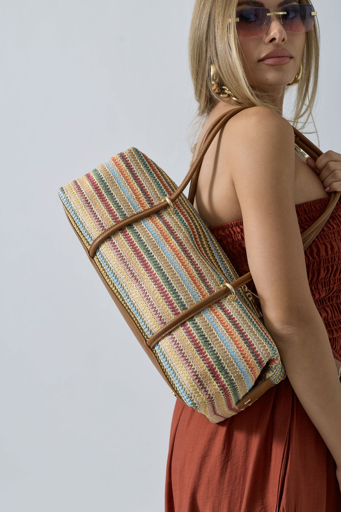 Borsa Multicolore Rafia cuoio|Colore:Cuoio
