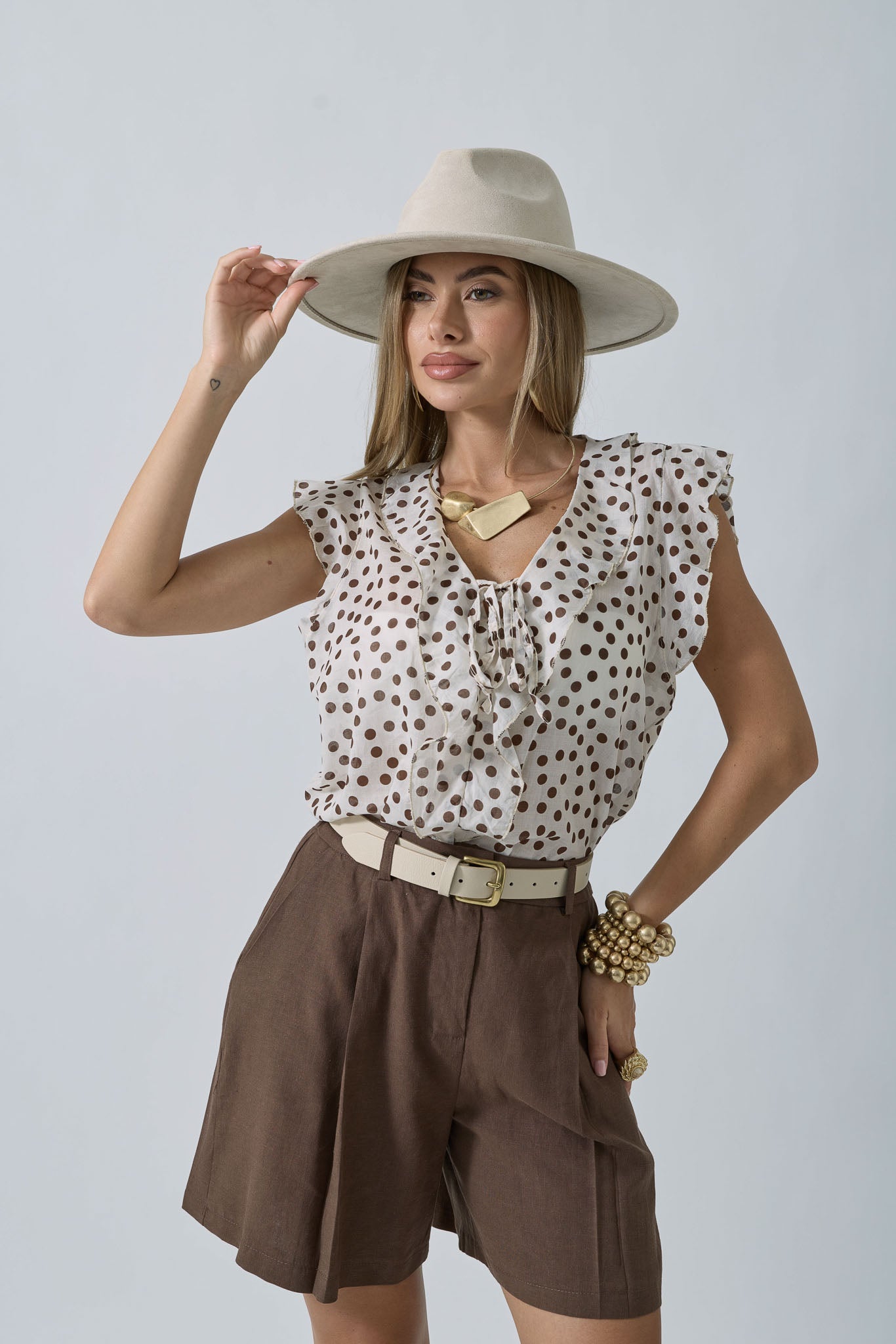 Blusa A Pois Con Volant gesso|Colore:Gesso
