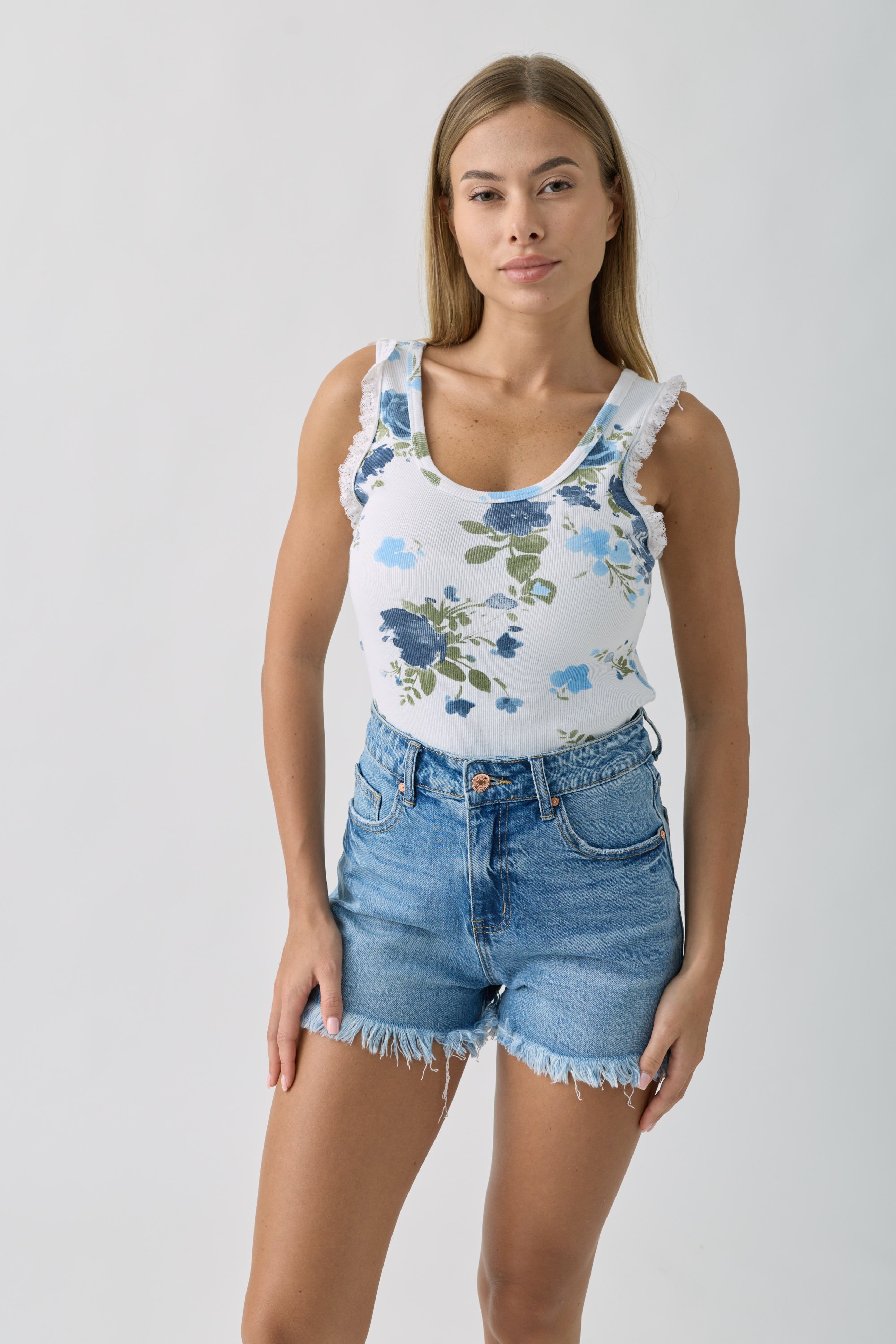 Canotta Costine Fiori Blu|Colore:Blu
