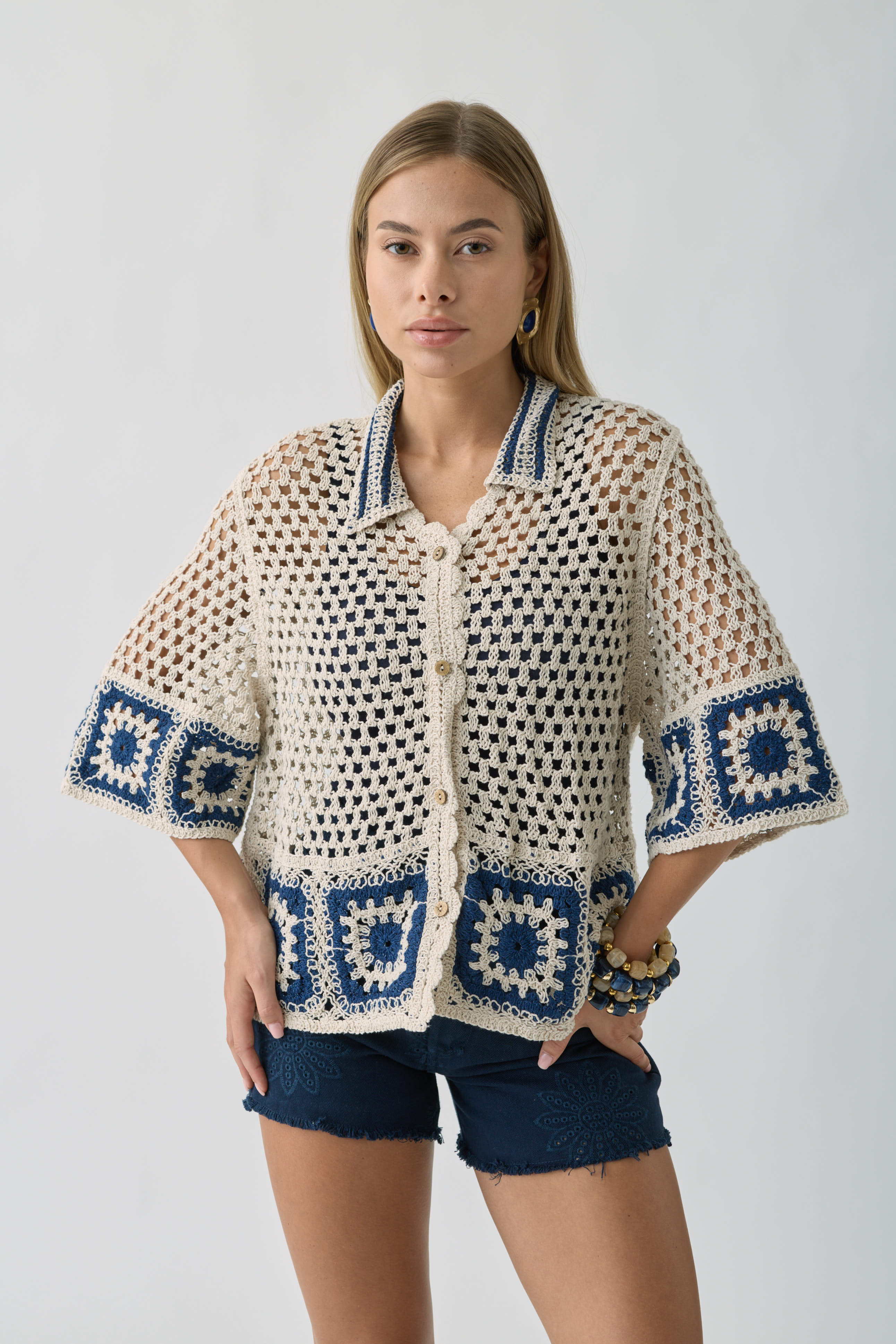 Cardigan Marcramé Paros blu|Colore:Blu