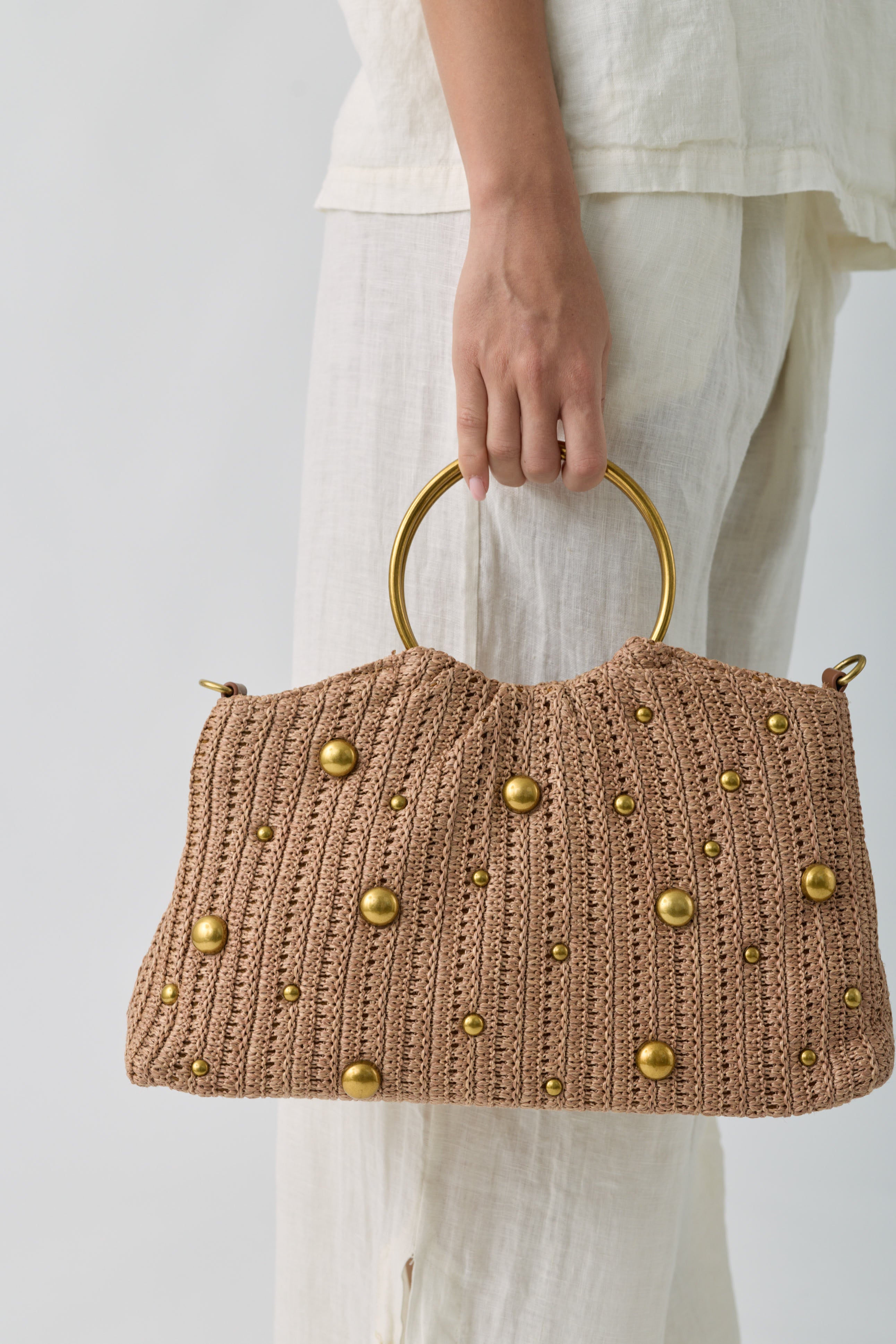 Borsa In Rafia Con Borchie Bronzo|Colore:Bronzo