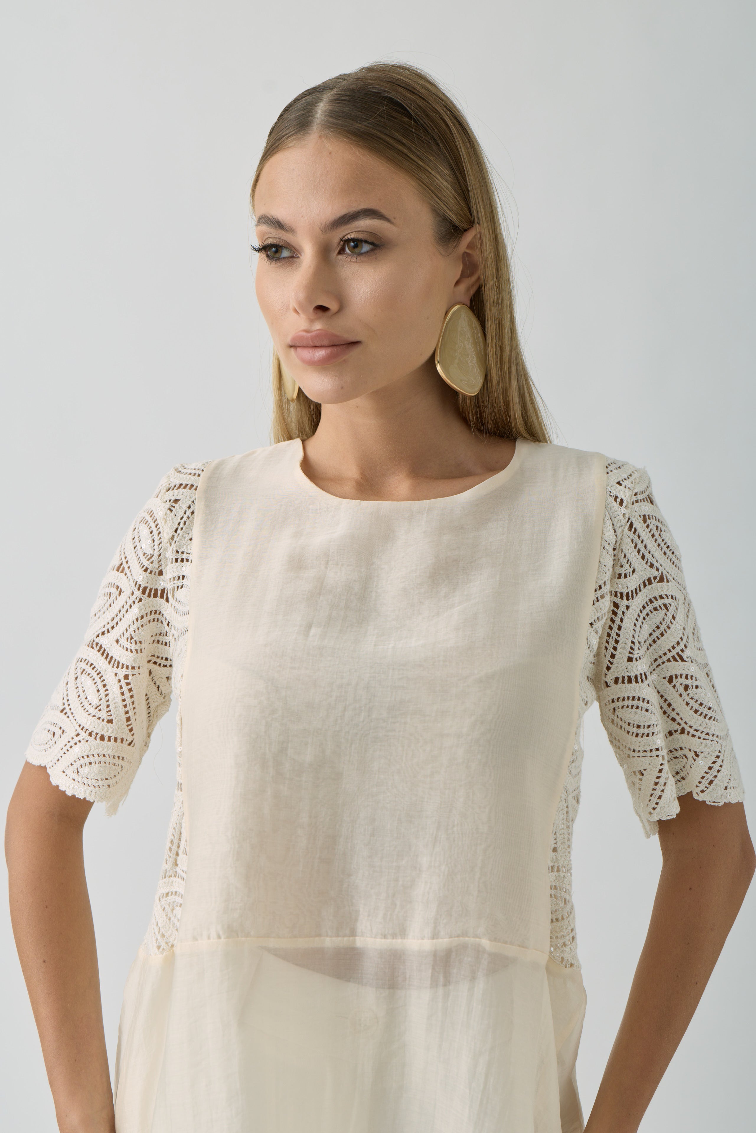 Blusa Dettagli Crochet beige|Colore:Beige