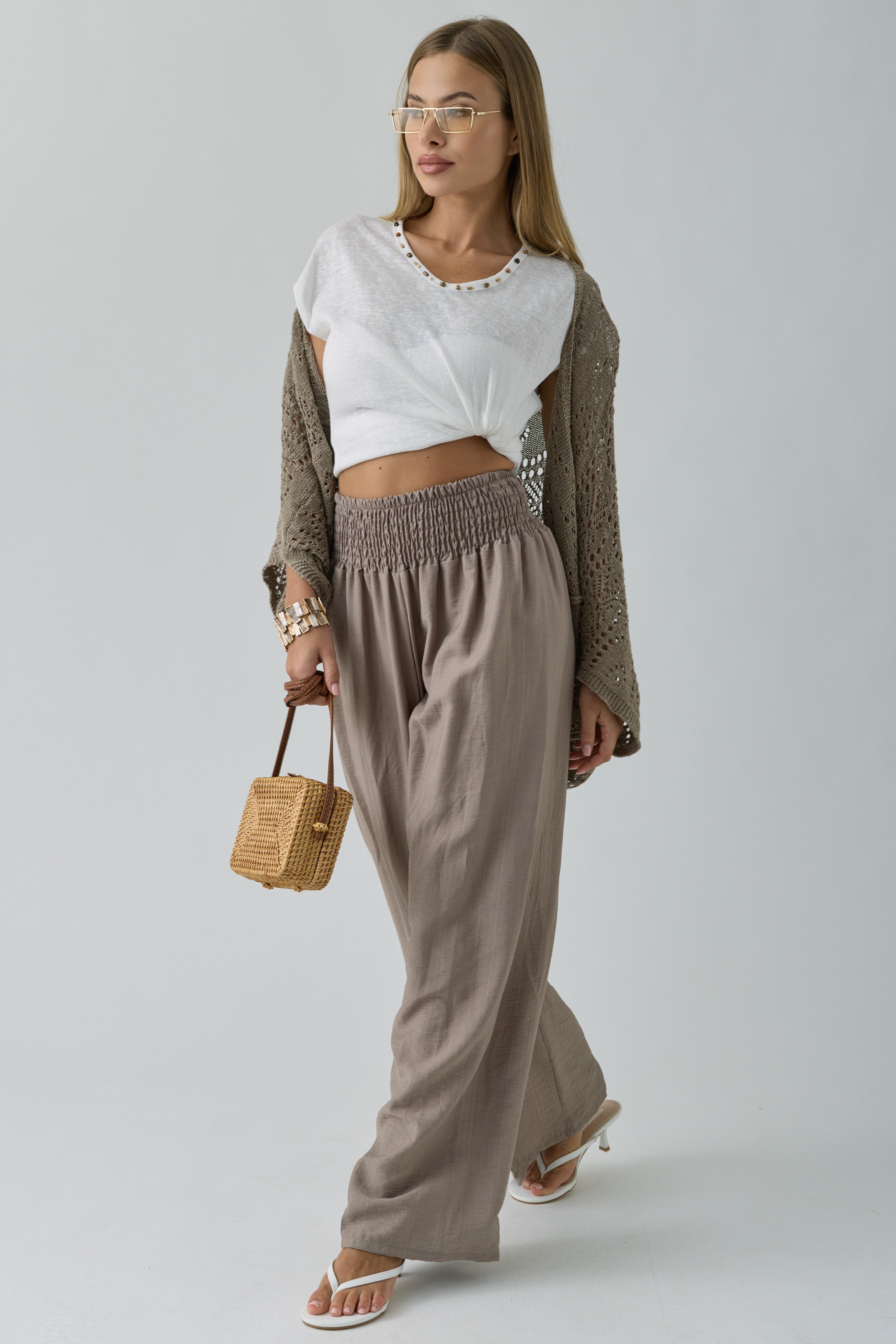 Pantalone Palazzo Con Molla Fango|Colore:Fango