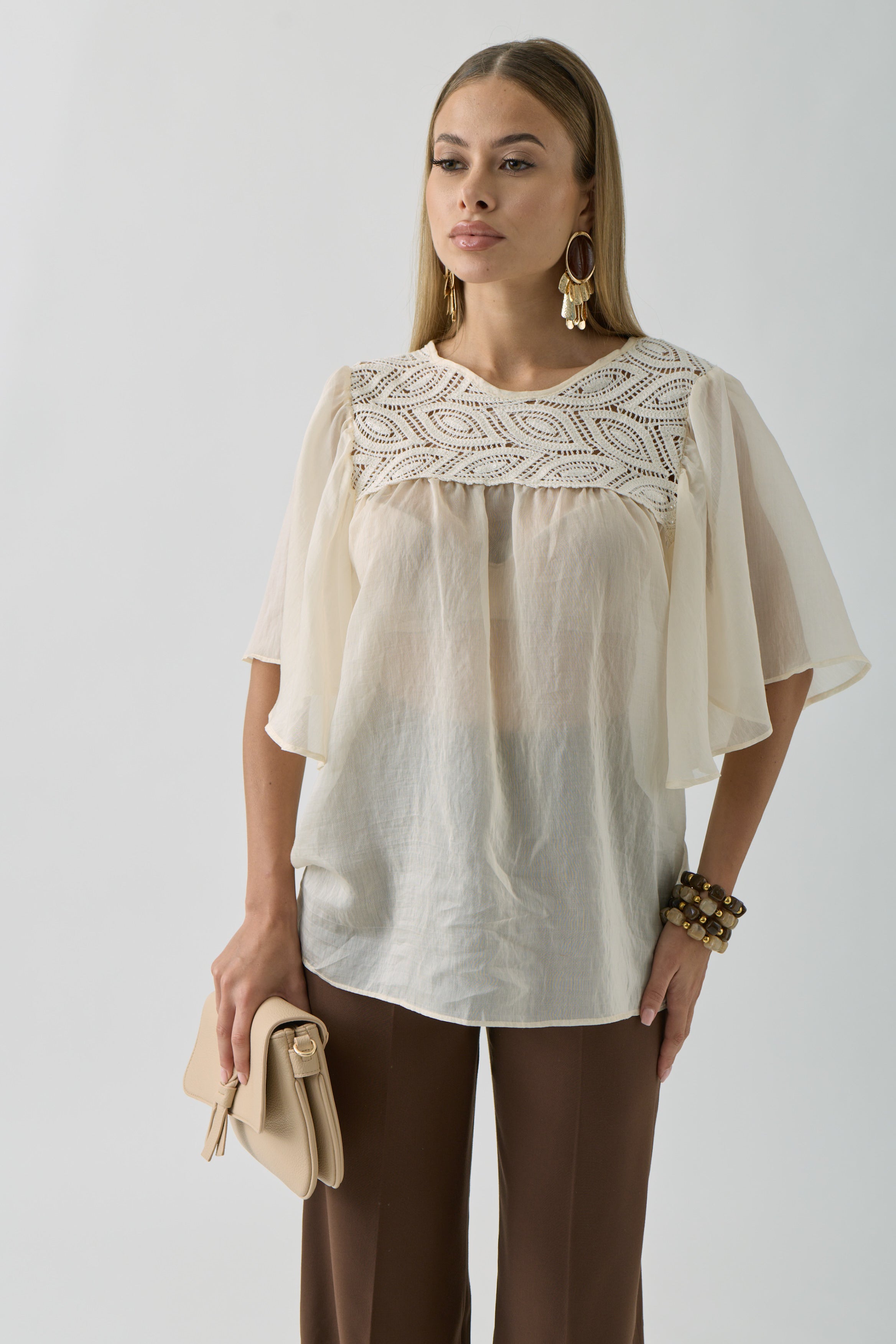 Blusa Maniche Volant beige|Colore:Beige