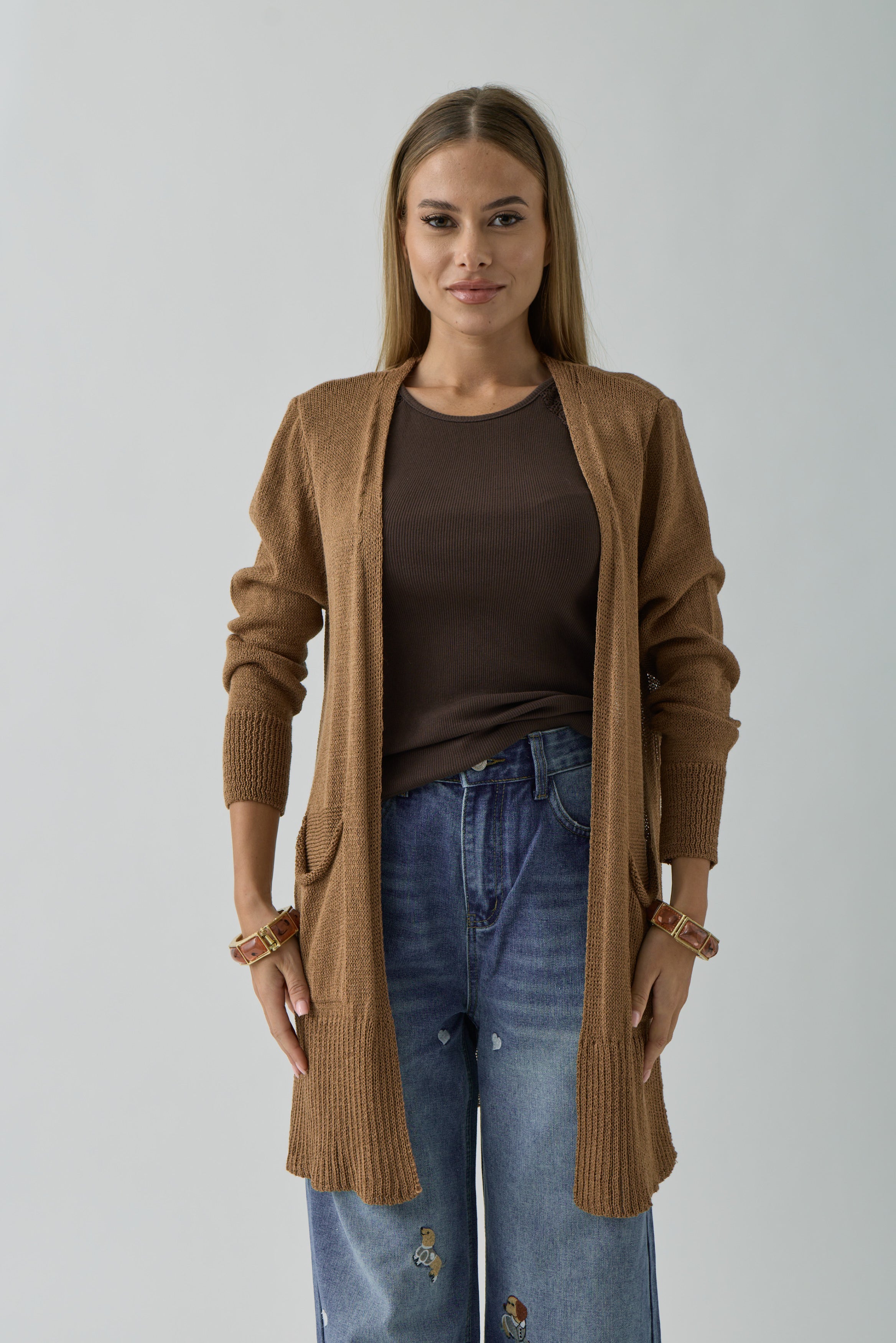 Cardigan Lungo Con Tasche Tabacco|Colore:Tabacco