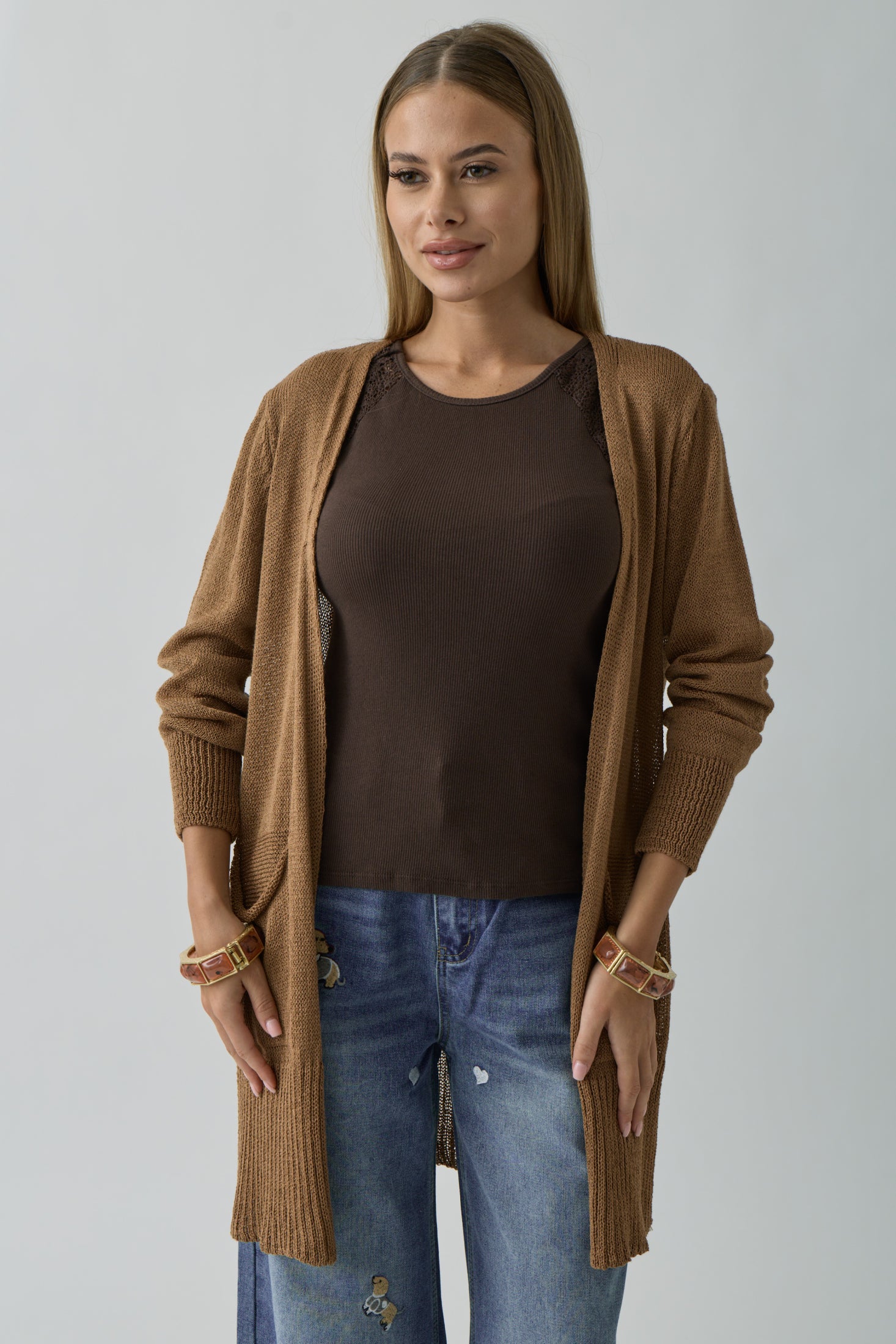 Cardigan Lungo Con Tasche Tabacco|Colore:Tabacco
