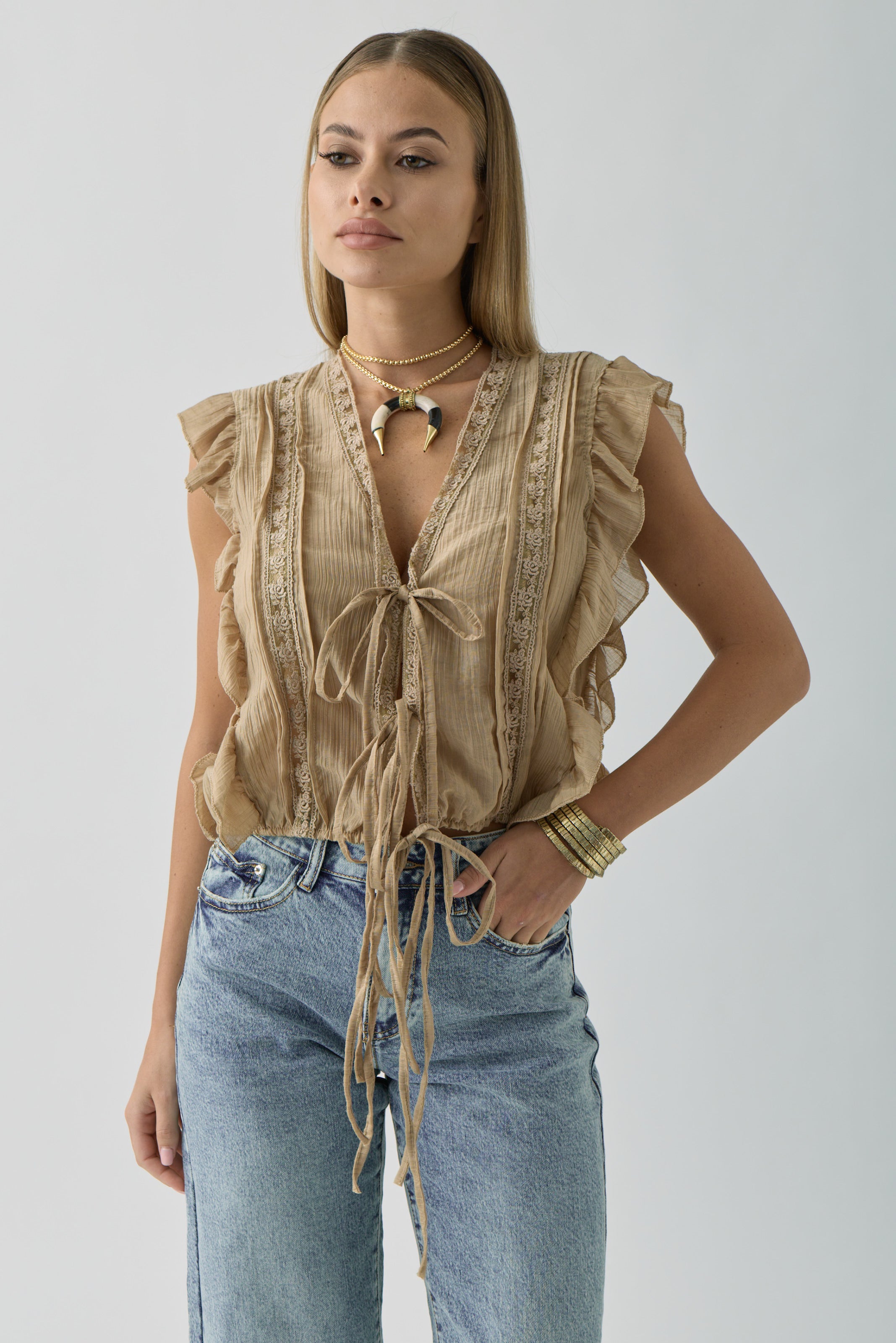 Camicia Con Merletto Cammello|Colore:Cammello