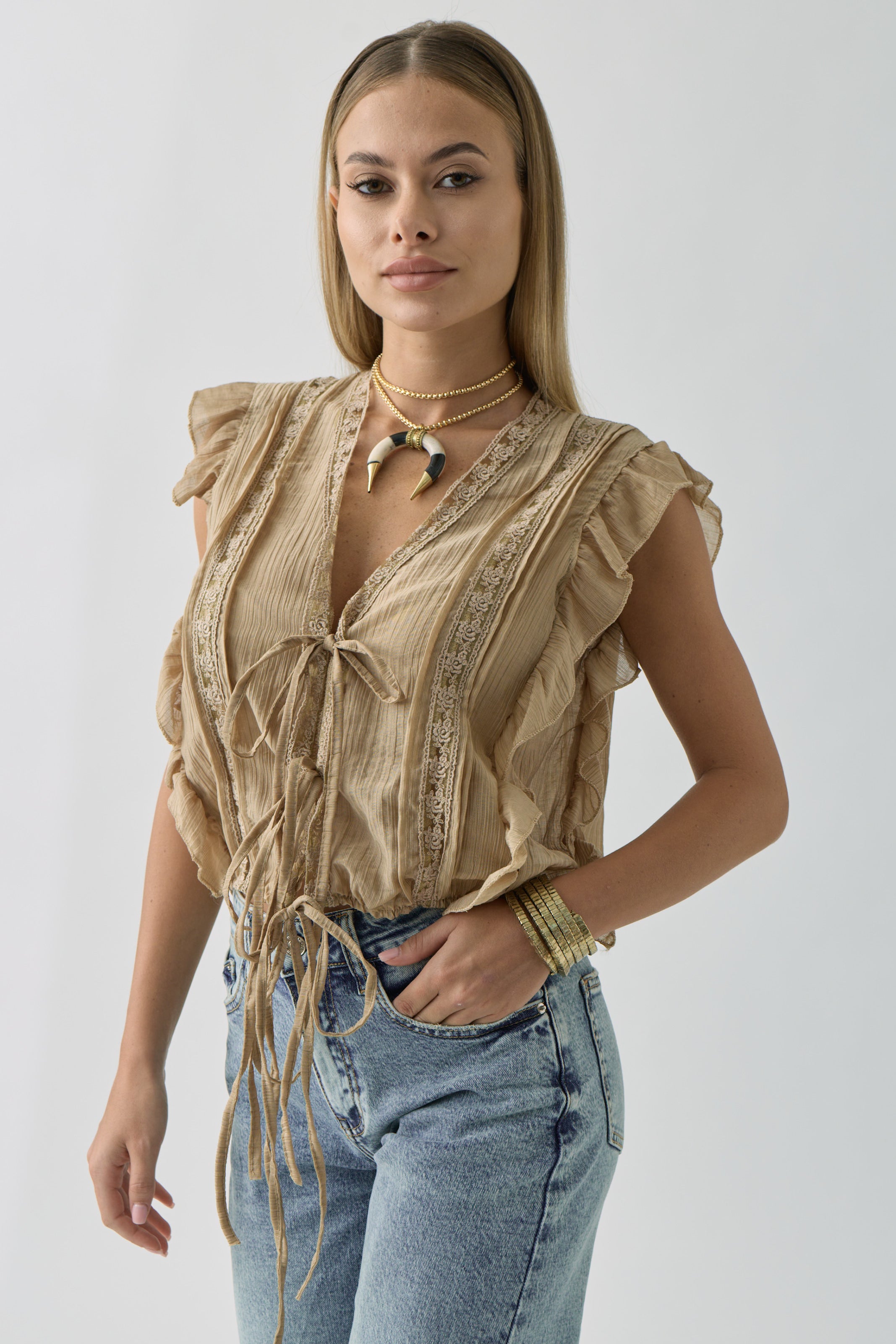 Camicia Con Merletto Cammello|Colore:Cammello