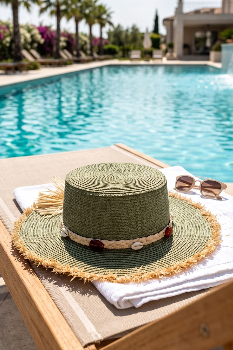 Cappello In Rafia Conchiglie Verde|Colore:Verde