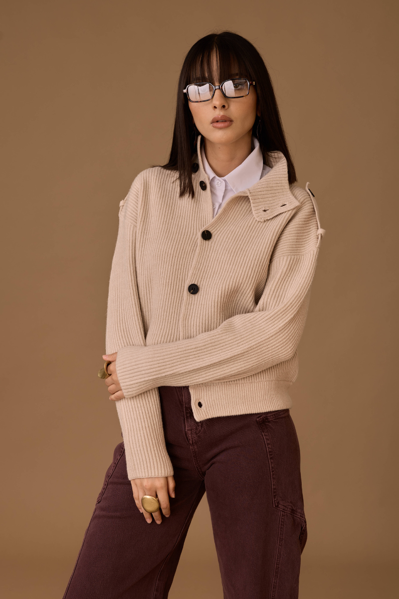 Cardigan A Coste Con Bottoni beige chiaro|Colore:Beige chiaro