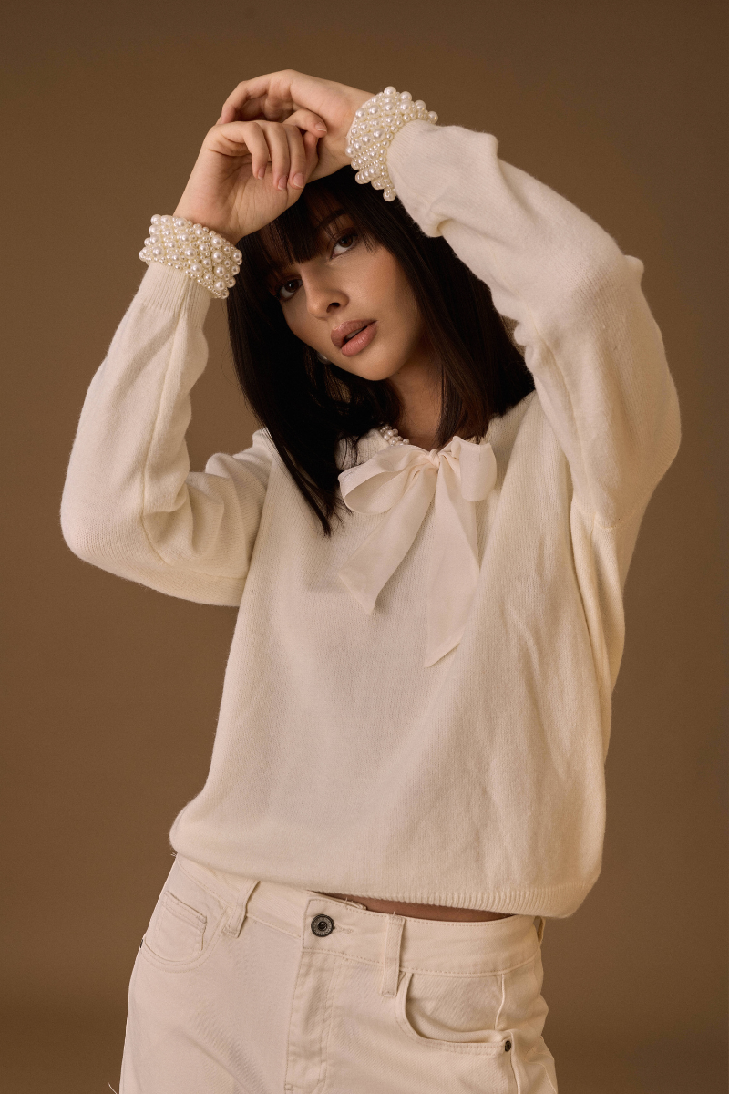 Maglia Cravattino Perle bianco|Colore:Bianco