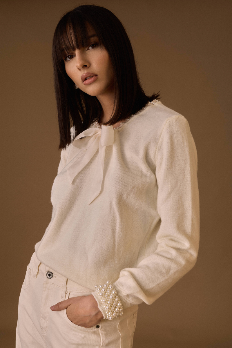 Maglia Cravattino Perle bianco|Colore:Bianco