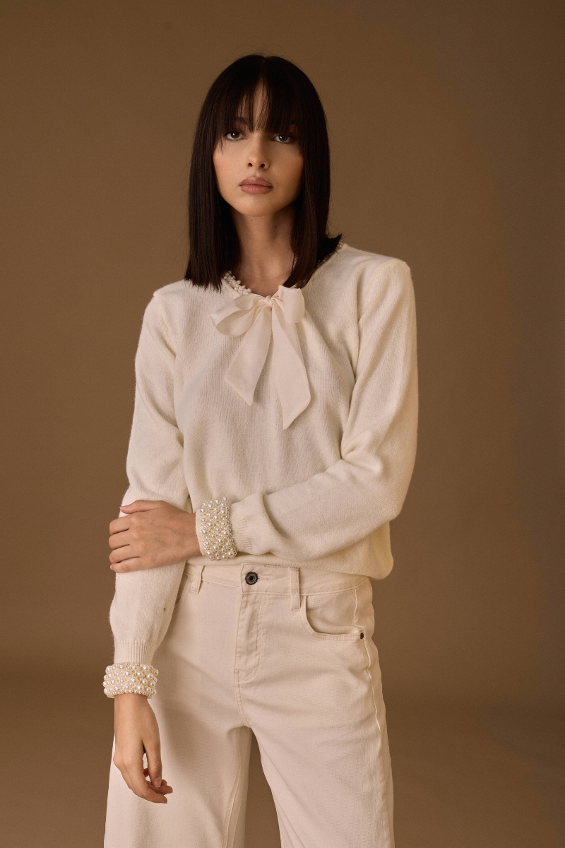 Maglia Cravattino Perle bianco|Colore:Bianco