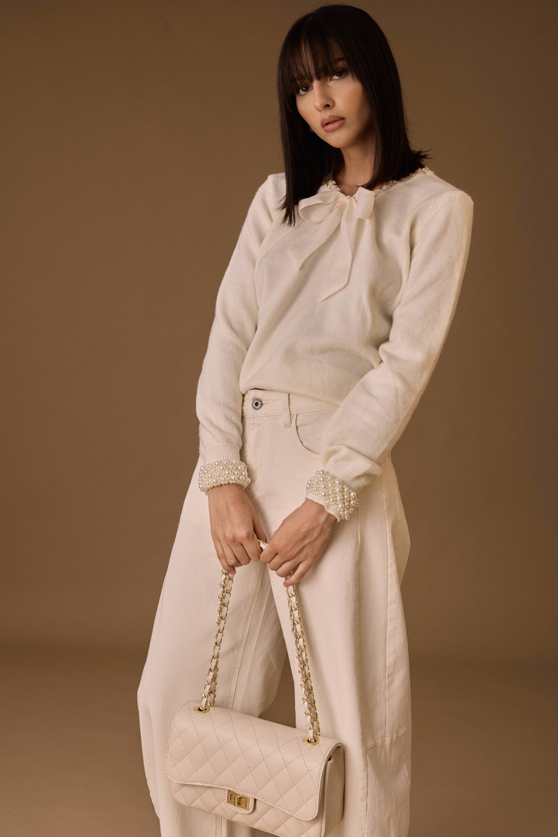 Maglia Cravattino Perle bianco|Colore:Bianco
