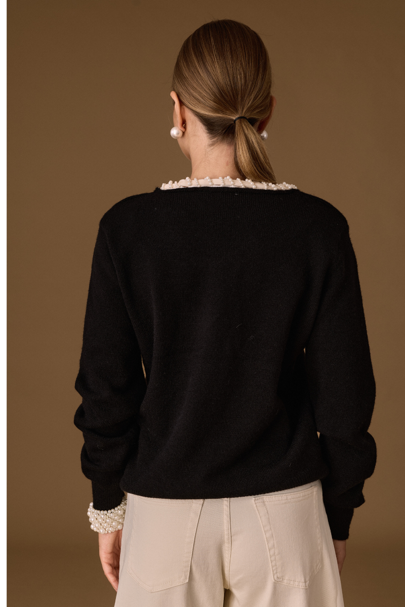 Maglia Cravattino Perle Nero|Colore:Nero