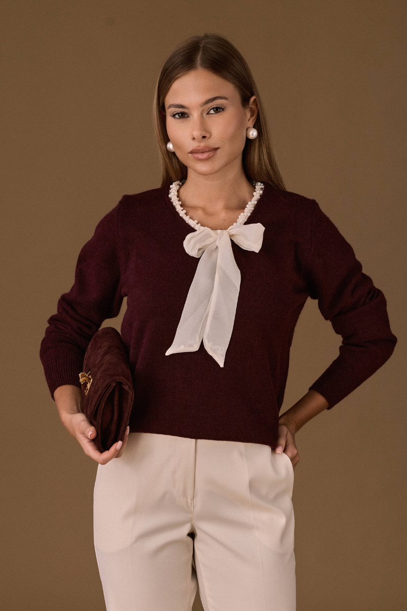 Maglia Cravattino Perle Vinaccio|Colore:Vinaccio