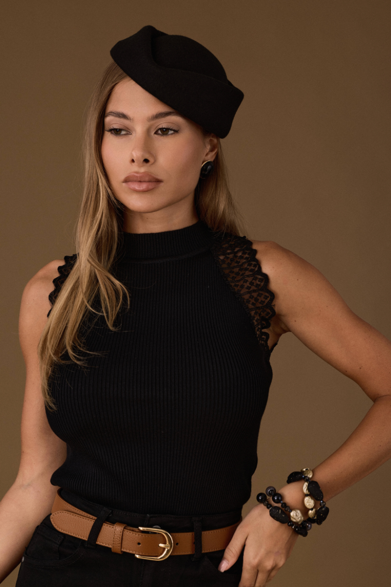 Top Con Pizzo Nero|Colore:Nero