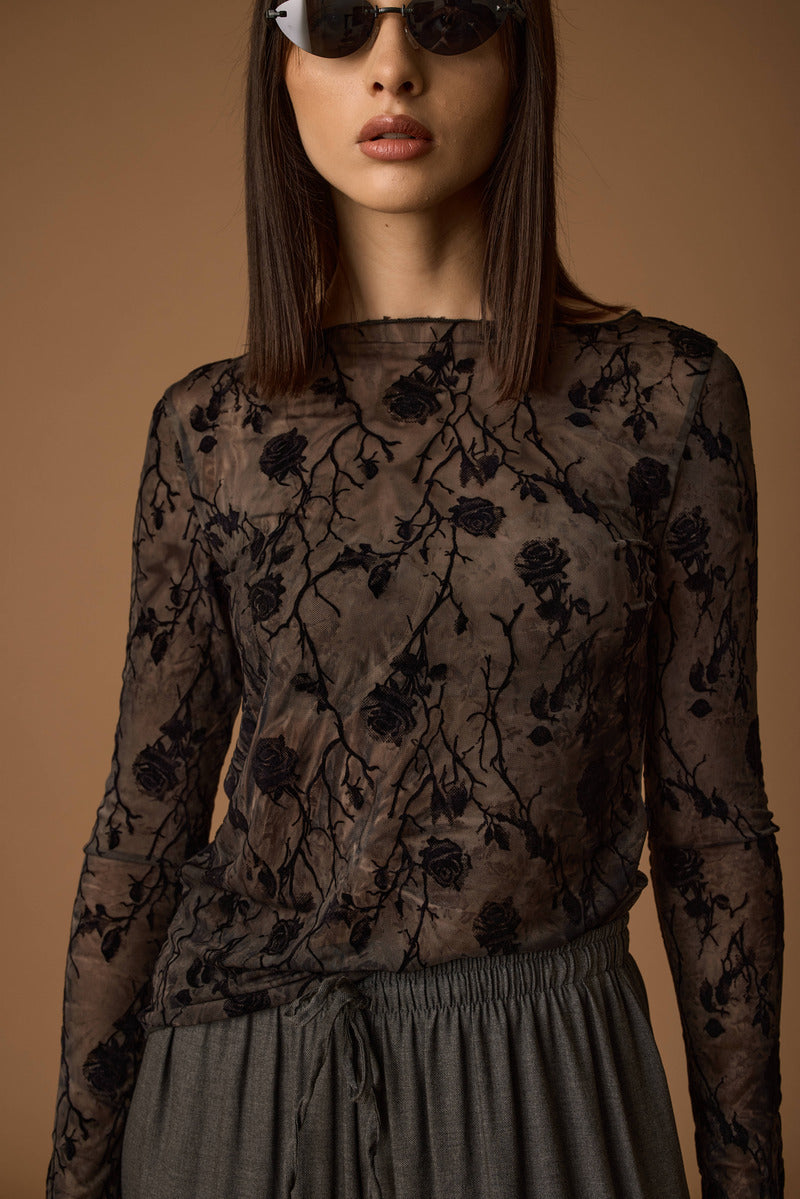 Maglia Tulle Rose nero|Colore:Nero