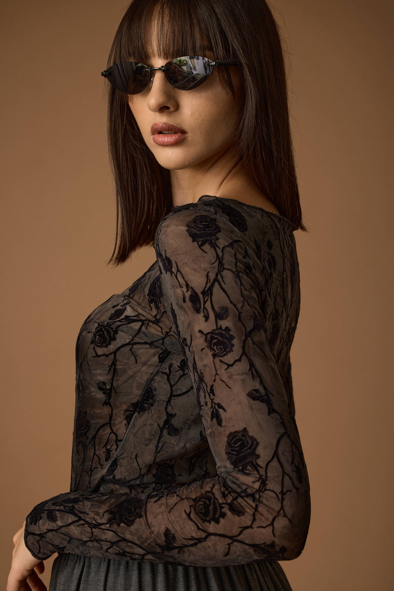 Maglia Tulle Rose nero|Colore:Nero