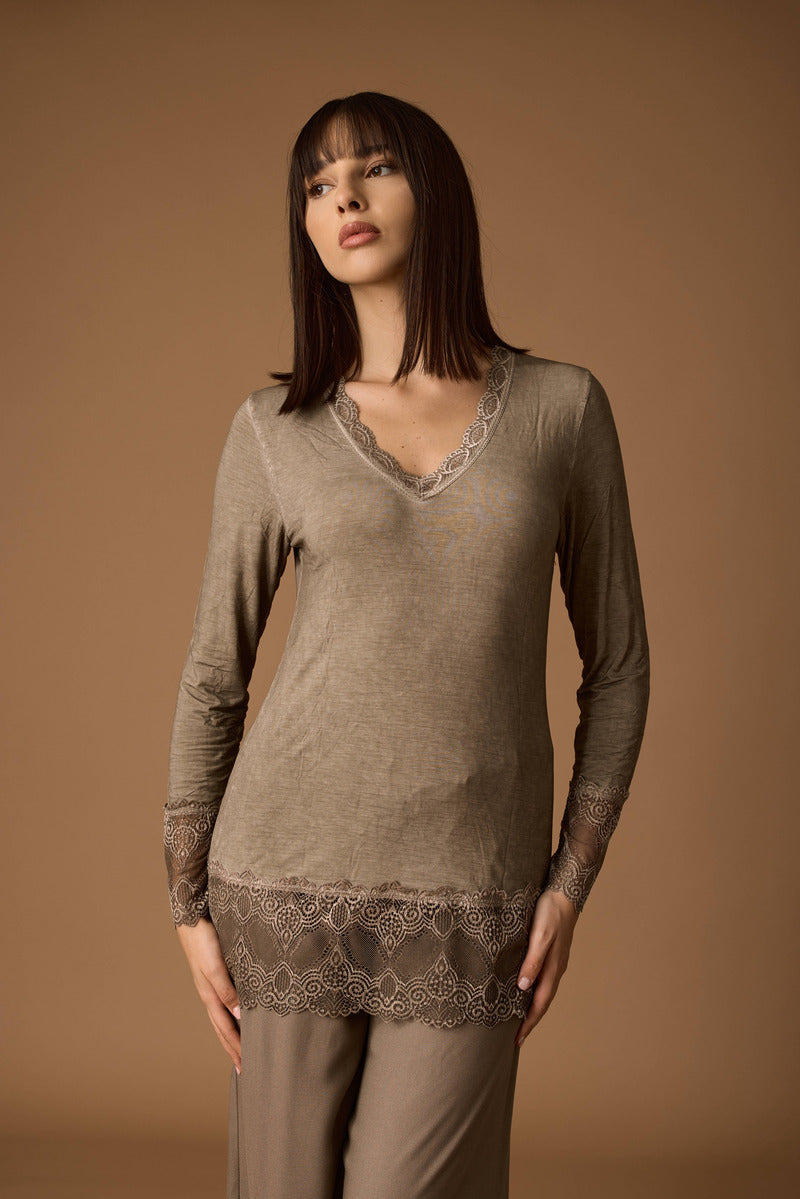 Maglia Manica Lunga Pizzo Viscosa fango|Colore:Fango