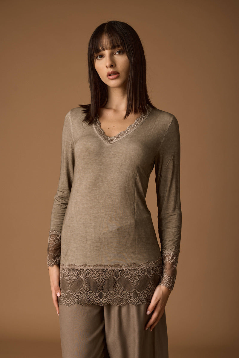Maglia Manica Lunga Pizzo Viscosa fango|Colore:Fango