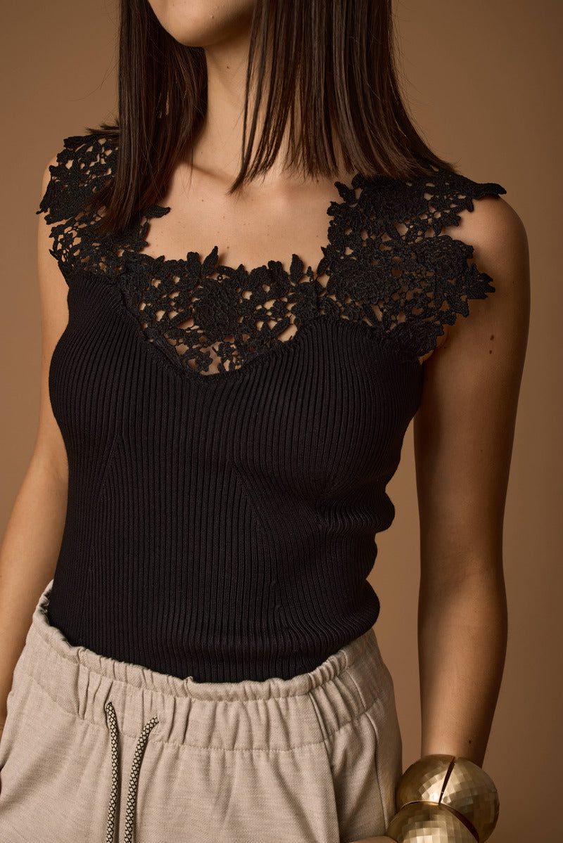 Canotta Con Macramé nero|Colore:Nero